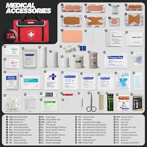 Miniatura 4 de Kitgo Kits de primeros auxilios para automóvil, kit de trauma con 218 piezas de suministros médicos, kit médico para automóvil, hogar, campamento,