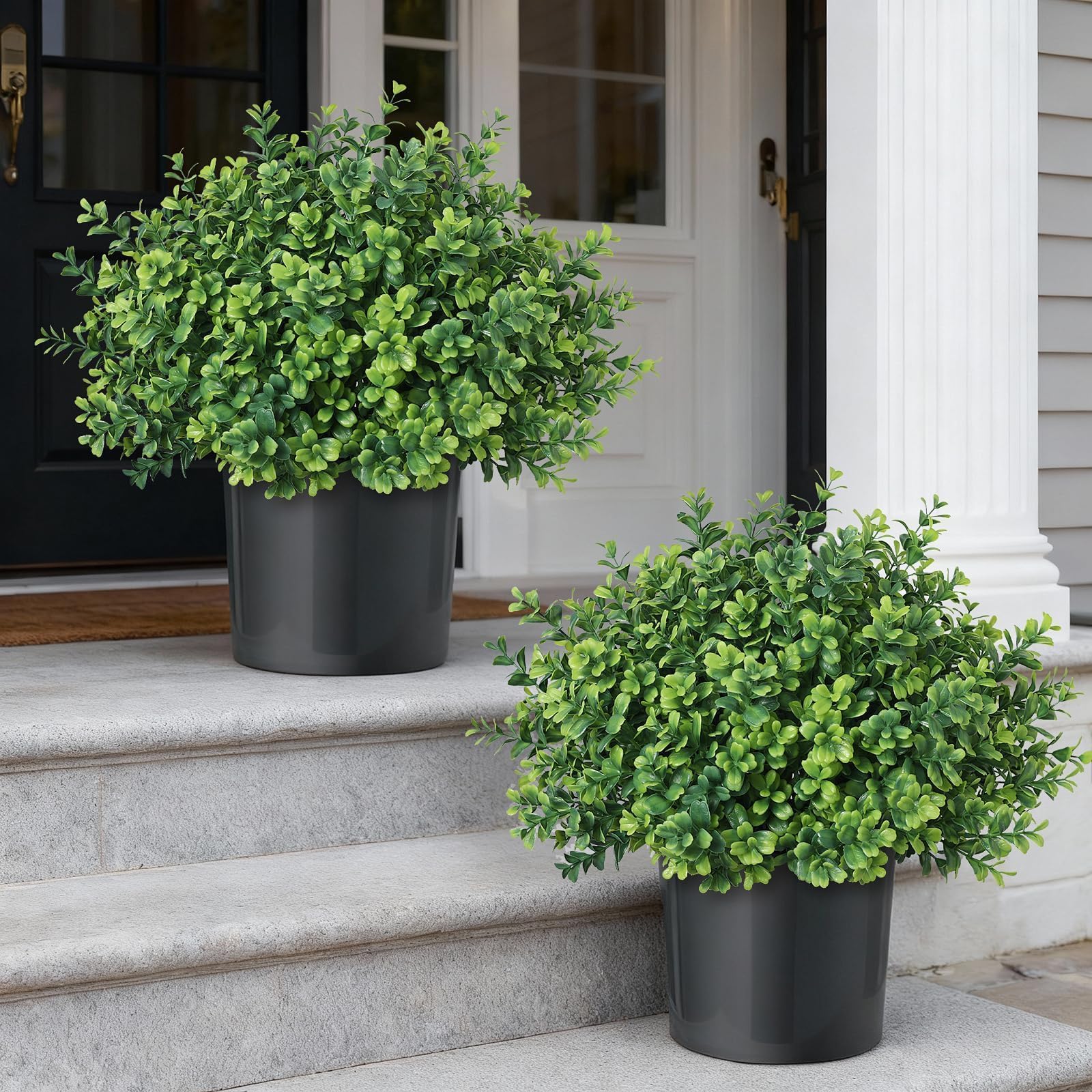 Set of 2 Artificial Boxwood Topiary Trees for Front Door - Faux Realistic Greenery Potted Plants