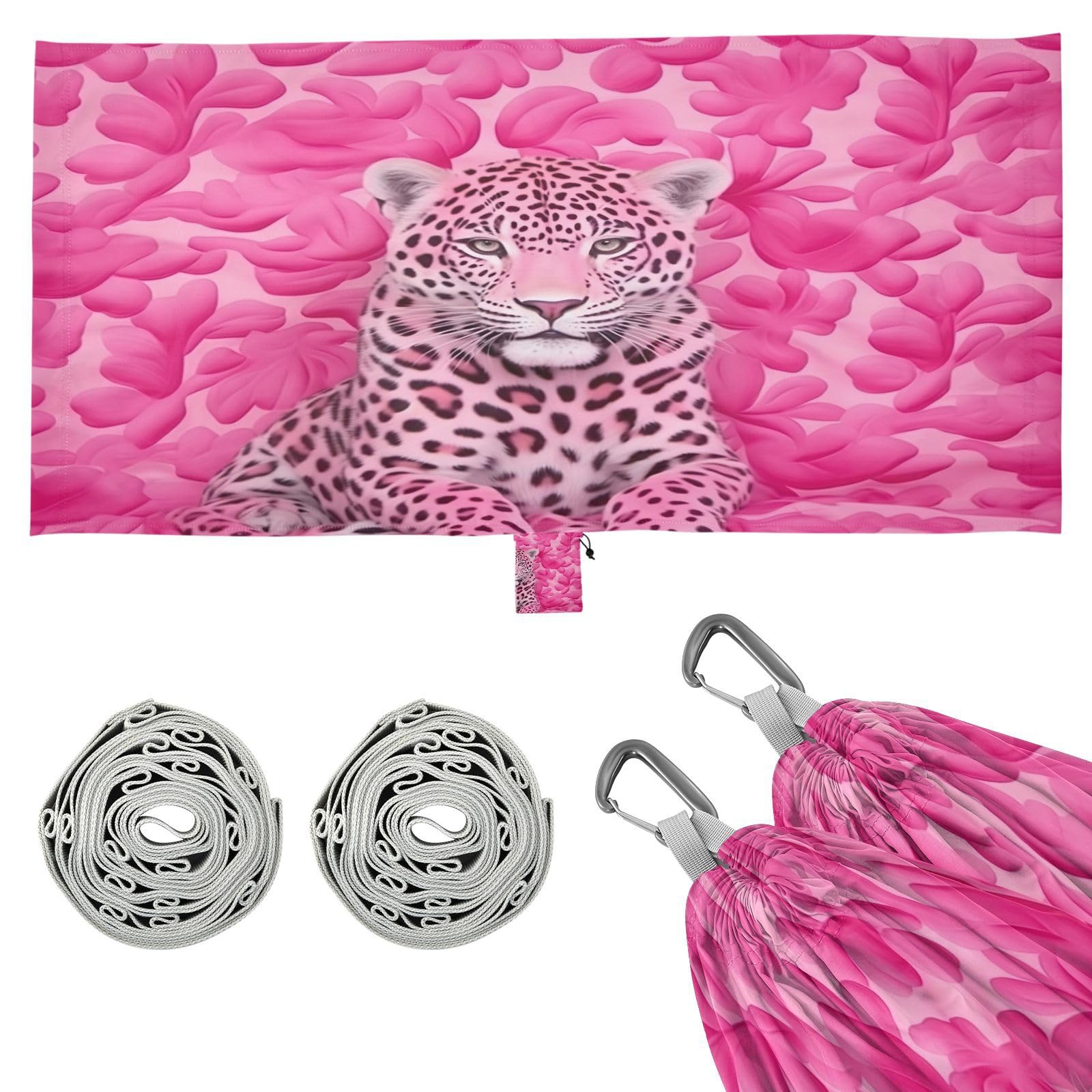 SDMKA Leopard Pink Camping Hammock, 330 lbs with 2 Tree Straps, Carry Bag, Single Portable Hammock for Outdoor/Indoor, Hiking, Beach, Backpacking, Travel