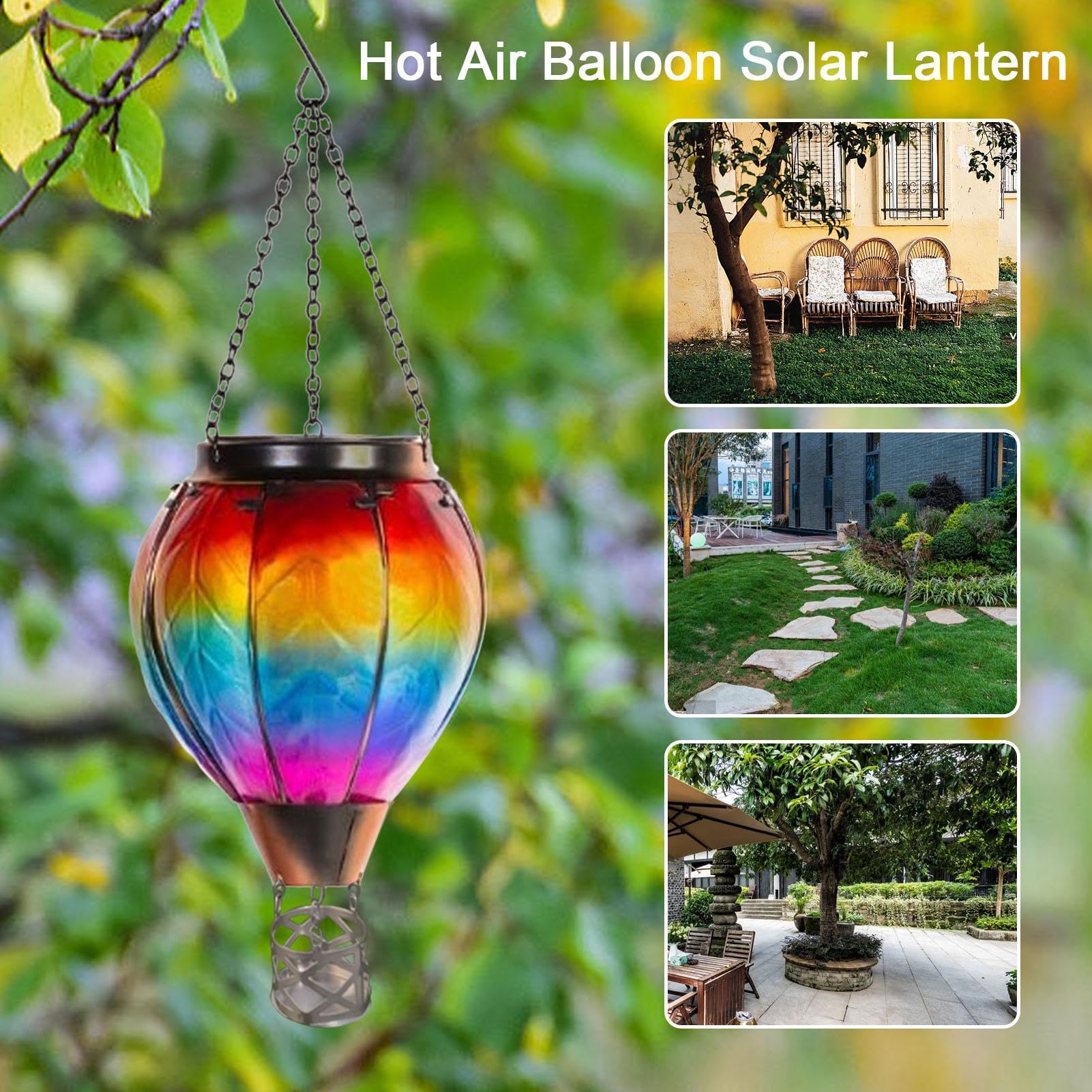Lanterna Solare Regal's Con Mongolfiera - Viola, Vetro Dipinto A Mano, Luce LED Tremolante