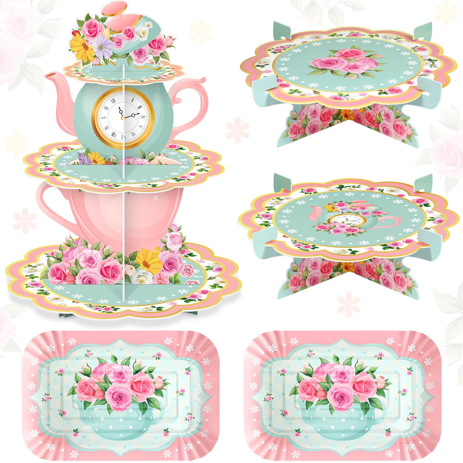 Zopeal 5 Pcs Floral Tea Cupcake Stand Party Decorations 3 Tier Tea Theme Cupcake Holder 2 Tea Birthday Cake Holder 2 Flower Teapot Cake Serving Tray for Tea Party Birthday Baby Shower Wedding Supplies