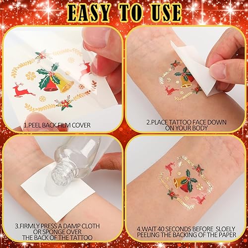 Miniatura 6 de Sinmoe 120 tatuajes de Navidad con purpurina, 12 diseños temporales, calcomanías de Papá Noel, muñeco de nieve, árbol de Navidad, reno, pan de