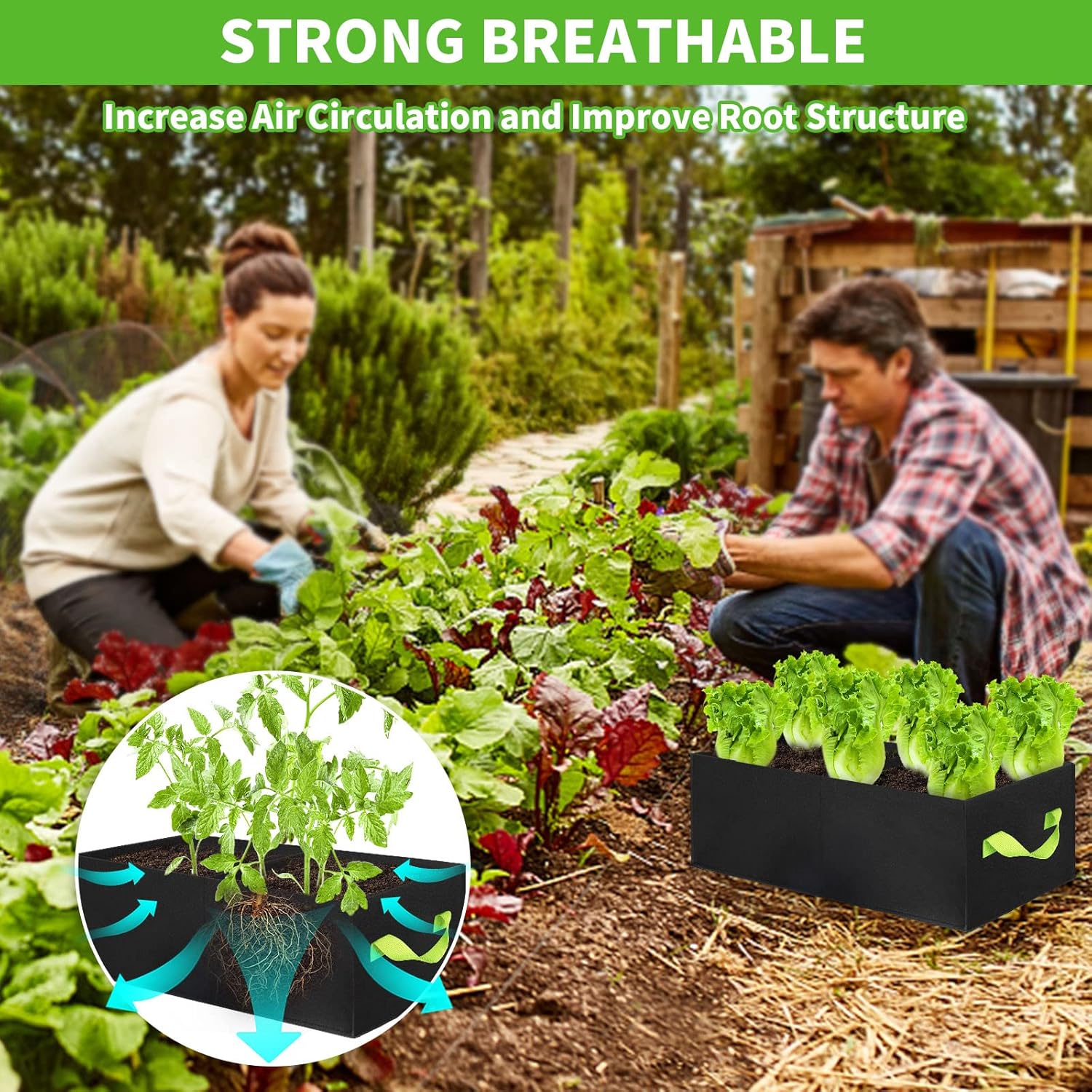 ANGELIOX 2Pcs Grow Bags, 3-Grids Rectangle Grow Bag,14 Gallon Thickened 400G Fabric Garden Bed, Nonwoven Square Flower Planter Containers for Flowers,Vegetable,Fruit, Growing Pots with Handles - Image 2