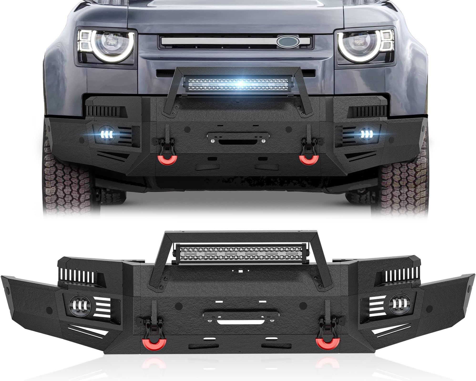 for Land Rover Defender Front Bumper Compatible with 2020 2021 2022 2023 2024 Landrover Defender 90 110 with Skid Plate, Winch Plate, Sensor Holes, 3 x LED Lights, License Plate Frame & D-rings