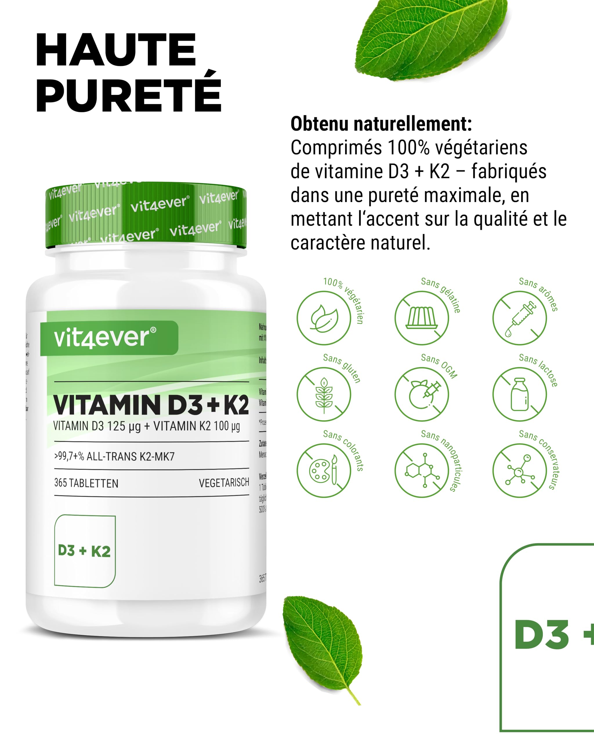 Vitamine D3 + K2 Depot - 365 comprimés - Matière première de première qualité : 99,7+% All-Trans (K2VITAL® de Kappa) - Avec 5000 U.I. de vitamine D3 par comprimé - Hautement dosé | 100 µg de vitamine K2 MK7, en lanoline, végétarienne, sans additifs inutil
