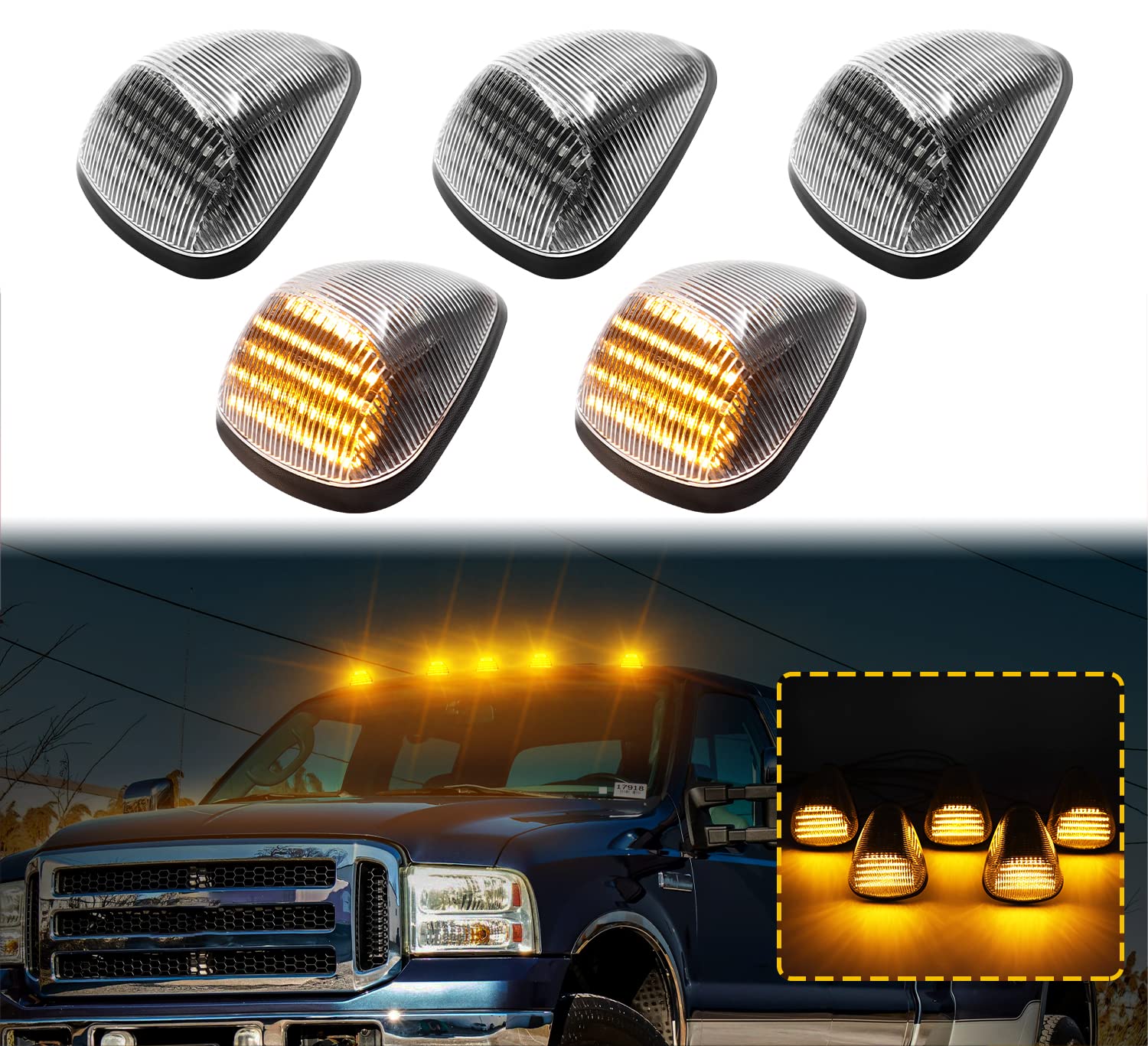 AexploerLED Cab Roof Marker Lights Compatible with F250 F350 F450 F550 1999-2016 & for F650 F750 2004-2017 Top Clearance Running Lamp Replacement Assemblies 5PCS (Clear Lens & Amber Light)