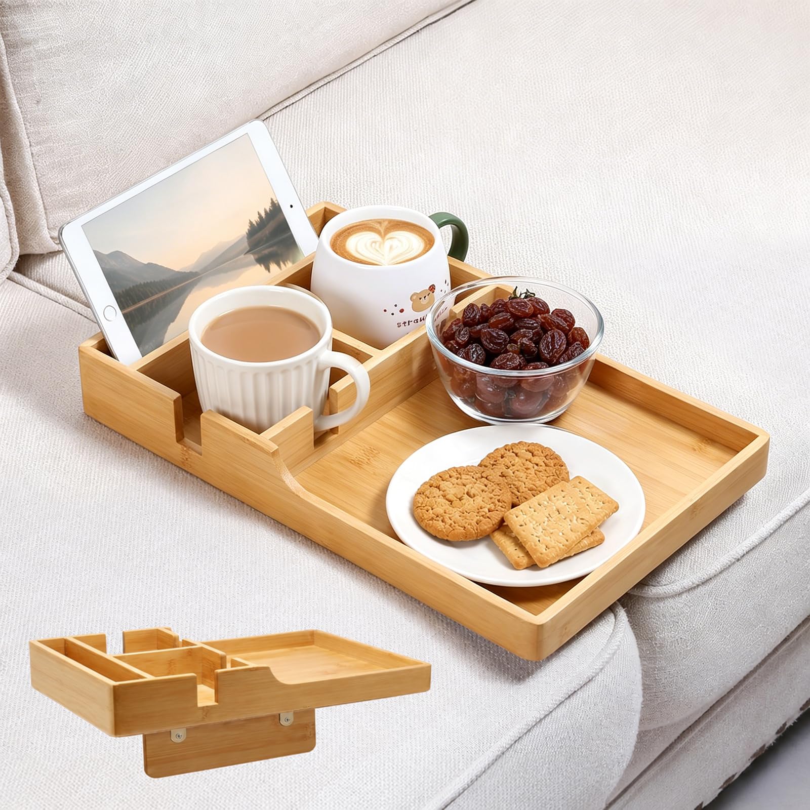 Bandeja de Sofá de Bambú, Organizador 2 en 1 para Hueco de Sofá con Portavasos, Bandeja para Mando, Snacks y Bebidas, Sofá y Cama