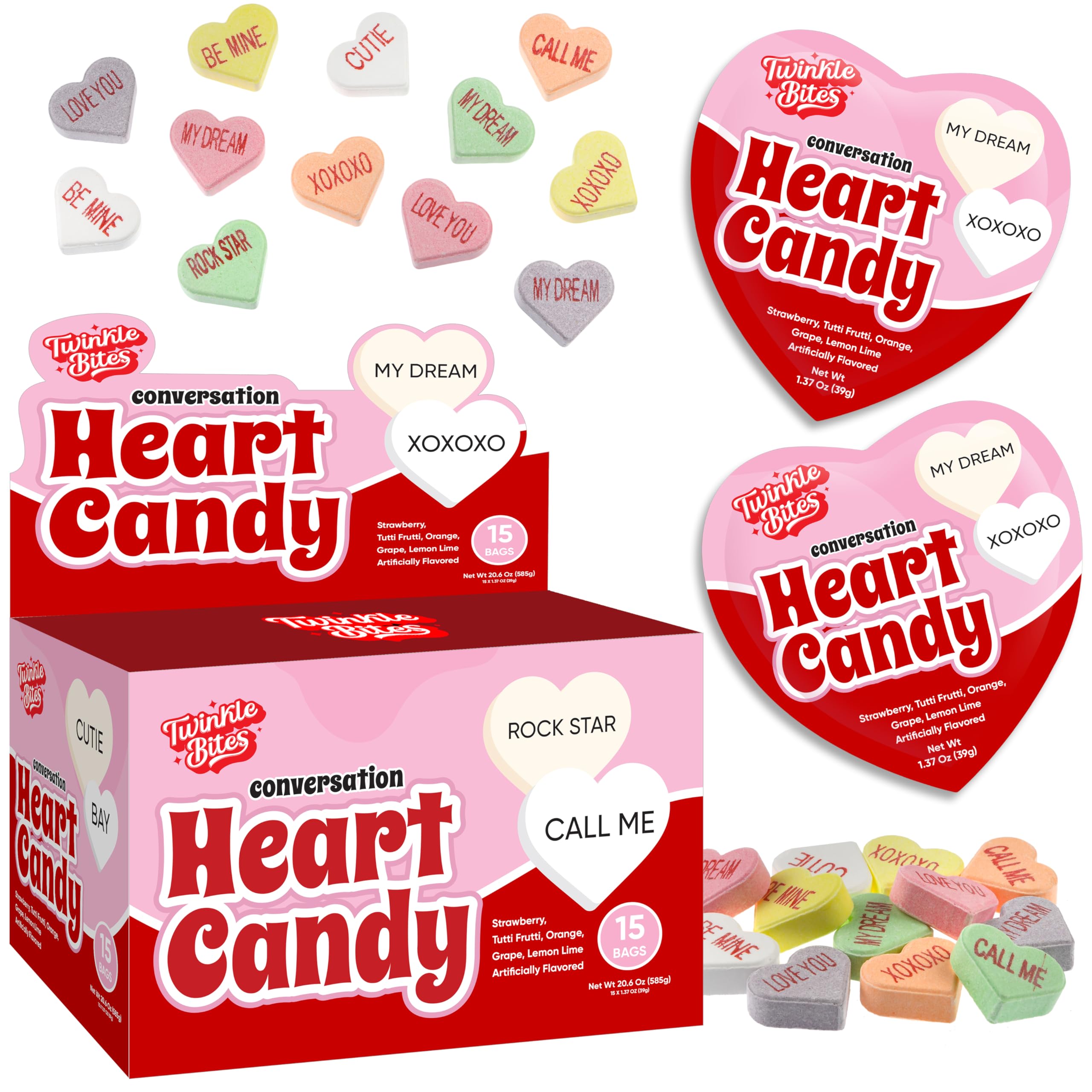 15 Pack Valentines Day Conversation Hearts – Heart Shaped Bags