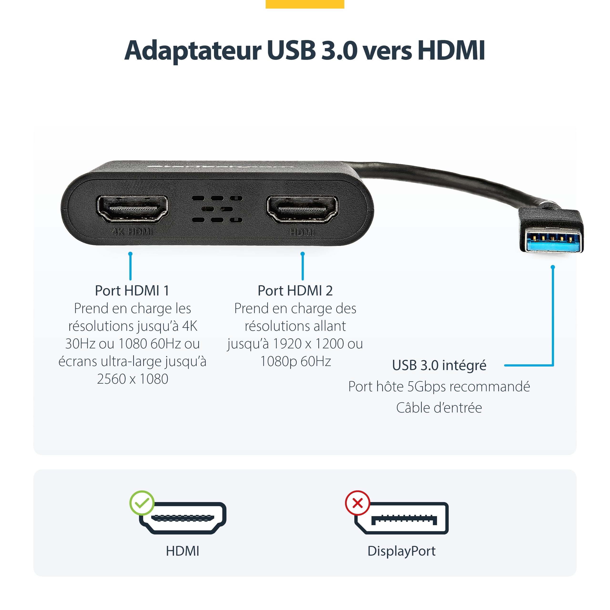 StarTech Adaptateur USB-A 3.0 vers Double HDMI 4K 30Hz 1080p 60Hz pour Double Écran