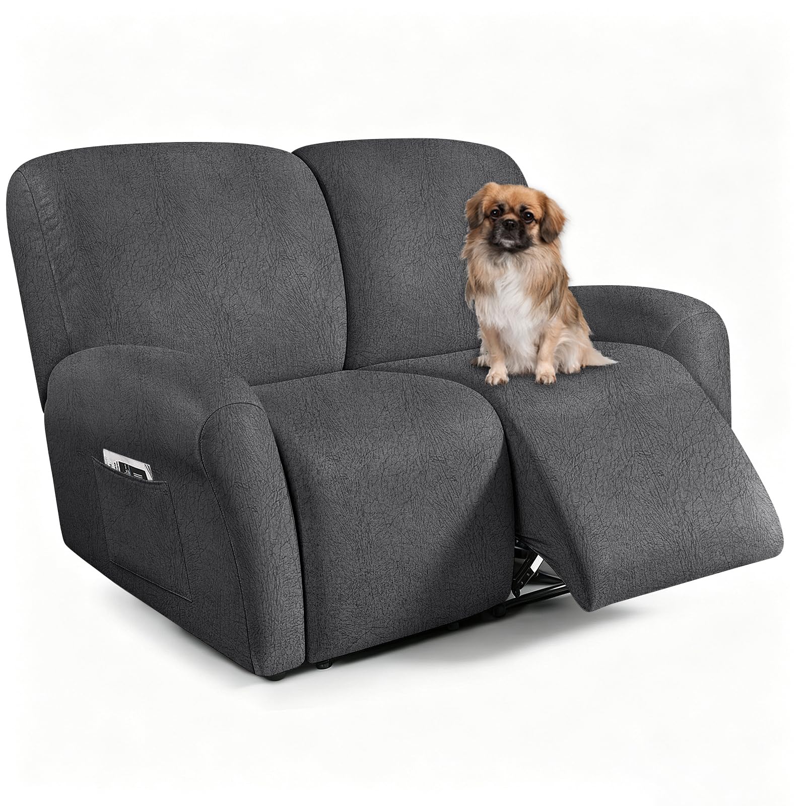 ANARACHON Leather Look Loveseat Recliner Covers Stay in Place 6-Piece Recliner Sofa Slipcover 2 Seater Reclining Couch Cover Furniture Protector Washable (Recliner Loveseat,256Dark Gray)