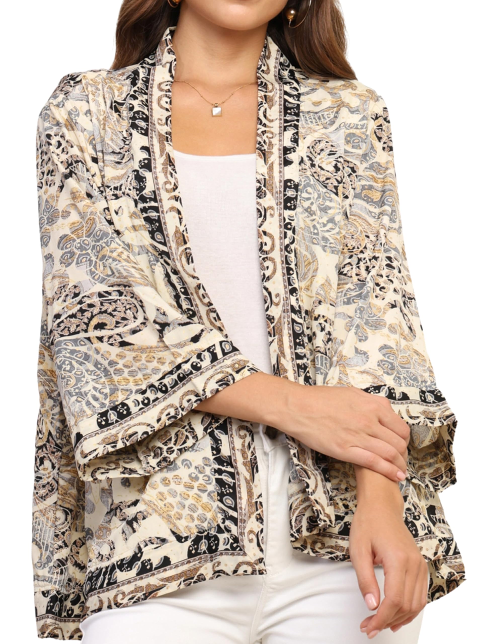 KE KANHA EXPORTS Women's Boho Border Print Shrug|Stylish Kimono Jacket Cover Up|Soft Silky-Feel Premium Fabric|Blue Multicolor|Easily Fits S-M-L|Bust 30-42 in|Length 28 in|Pack of 1