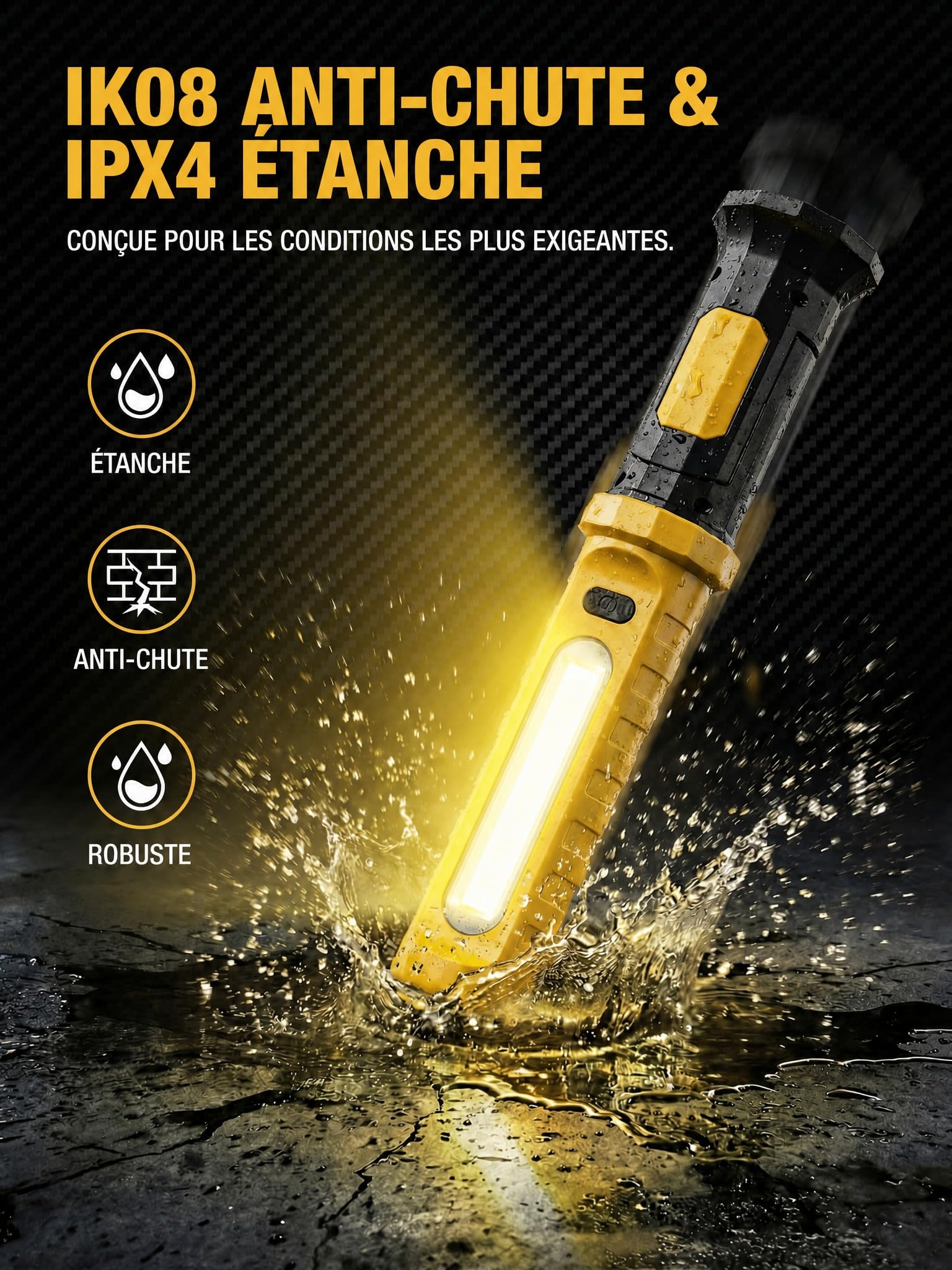 3000LM Baladeuse LED Mecanicien, 5200mAh Lampe de Travail avec Batterie Externe, 2-en-1 Séparable, Aimant, Crochet, IP54 SOS, Réparation Auto (Jaune vif)
