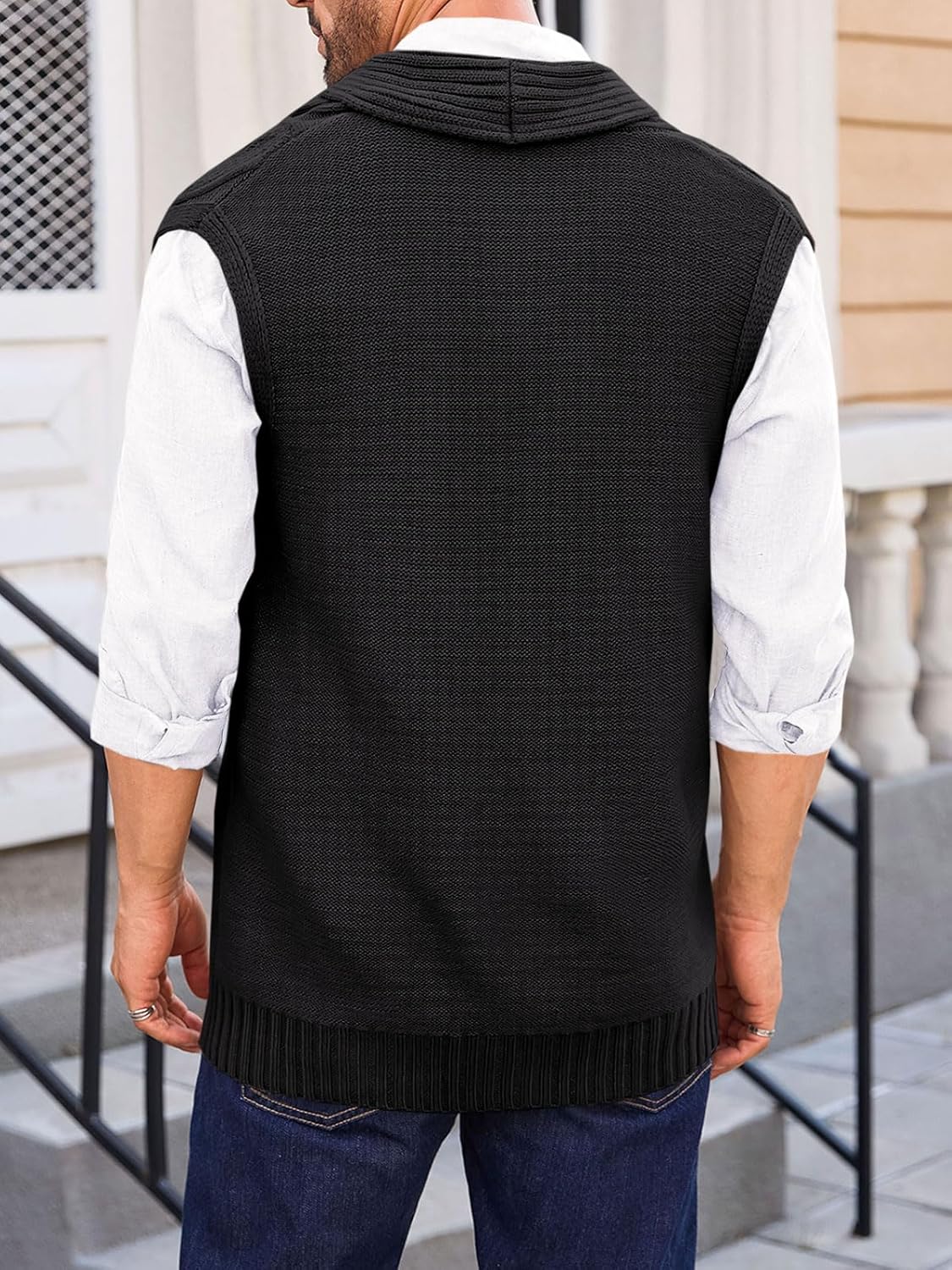 Runcati Mens Cable Knit Sweater Vest Shawl Collar Casual Slim Fit Sleeveless Button Down Cardigan Vest with Pockets - Image 3