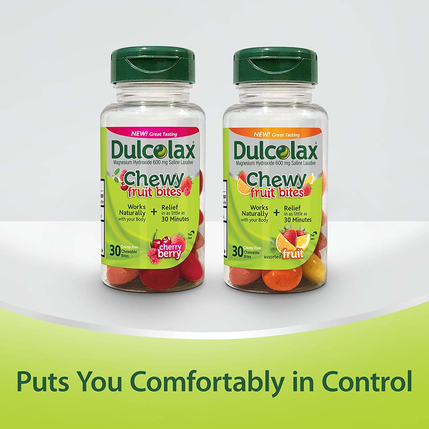 Dulcolax Saline Laxative Chewy Fruit Bites, Fast-Acting Laxative & Gentle Constipation Relief, Cherry Berry Flavor, Magnesium Hydroxide 600 mg, 30 Count (Pack of 2)