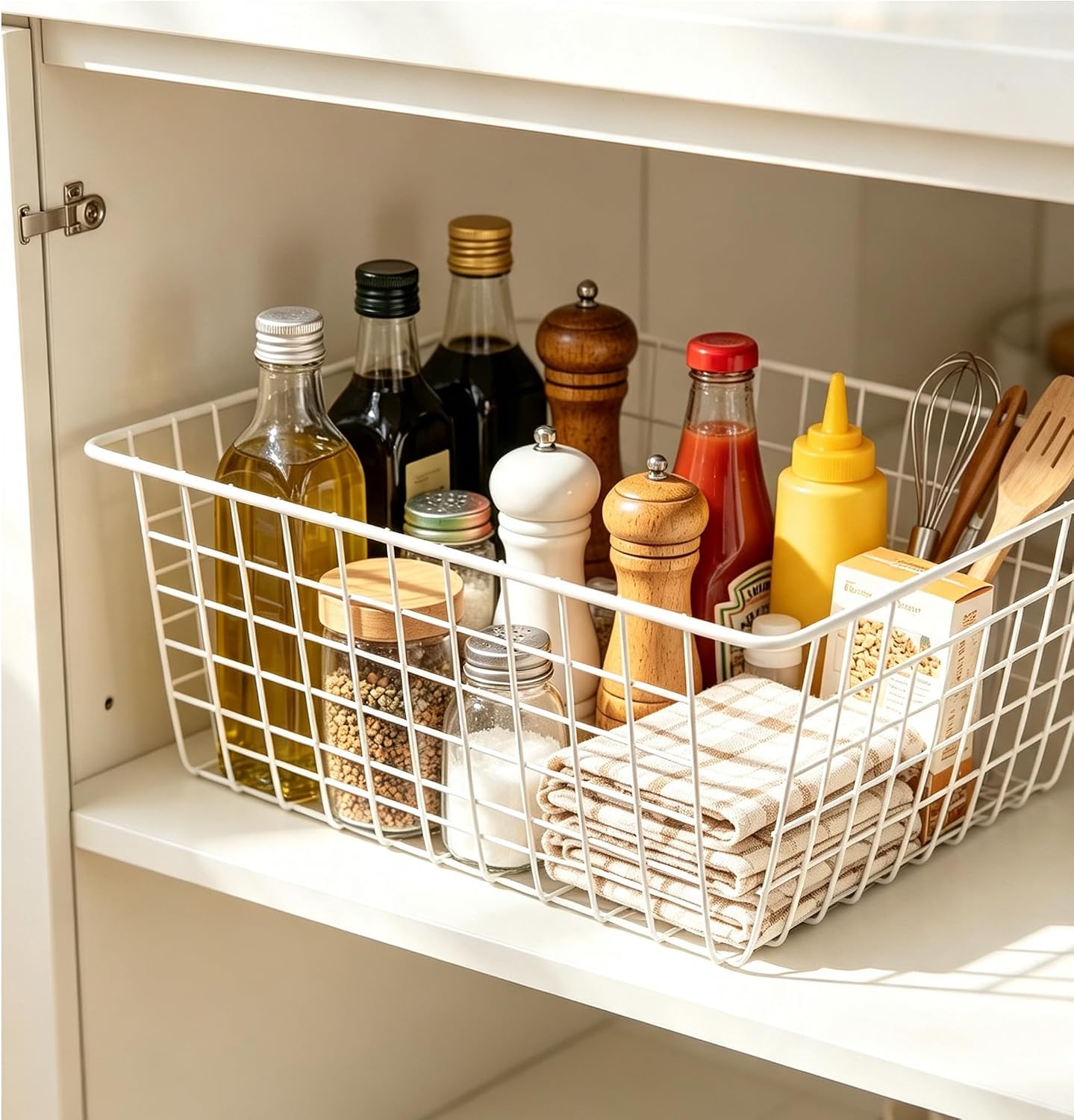 3 Pack White Wire Baskets,14.1"x10.4"x5.6", Wire Freezer Storage Organizer Bins with Handles for Cabinets, Pantry, Closets, Bedrooms image 4
