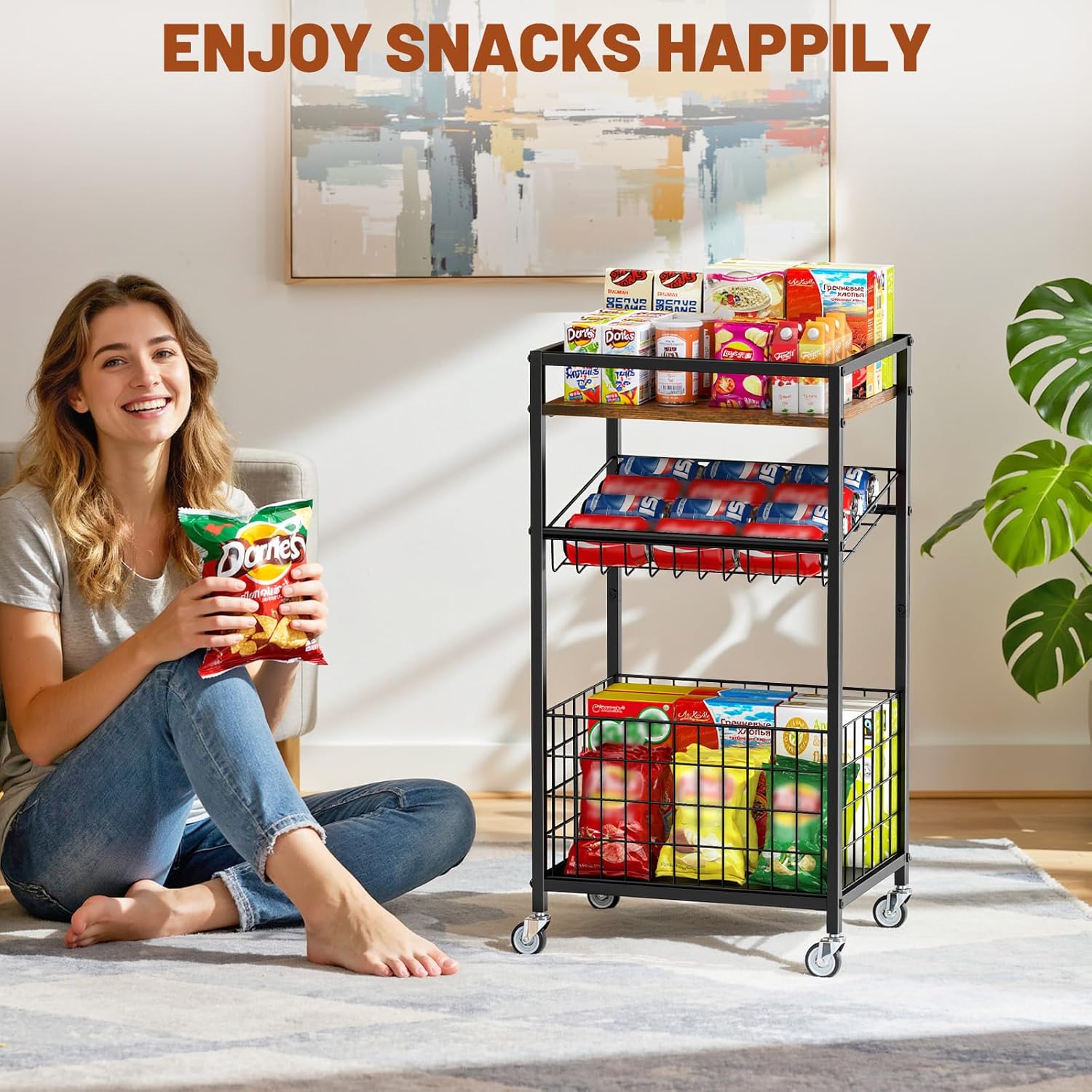 Fruit Vegetable Cart, 3-Tier Snack Kitchen Cart on Wheels & Wood Top, Utility Shelf Rack Organizer for Fruit, Vegetables, Potato, Snack, Brown