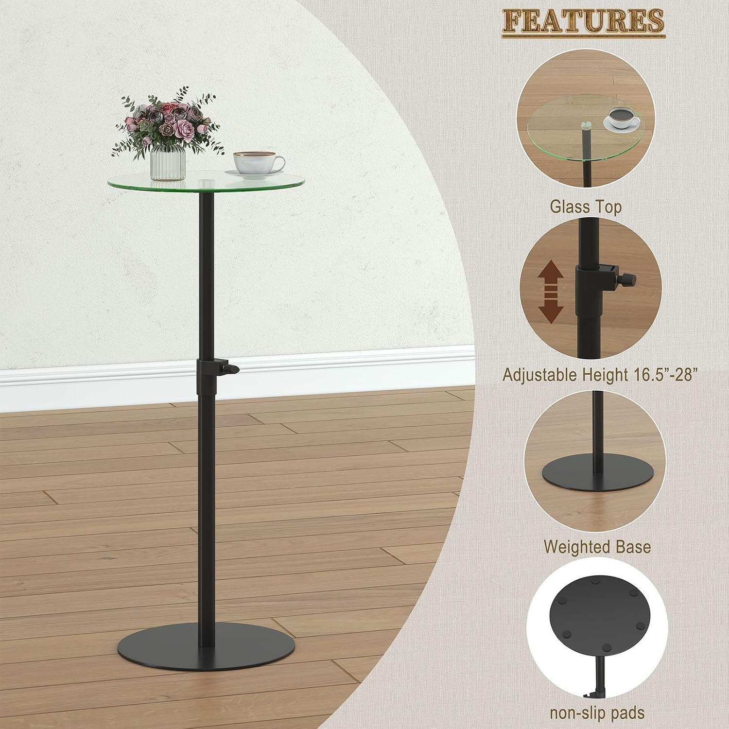 sthmec Round Side Table, Glass End Table, Small Round Coffee Table, Black