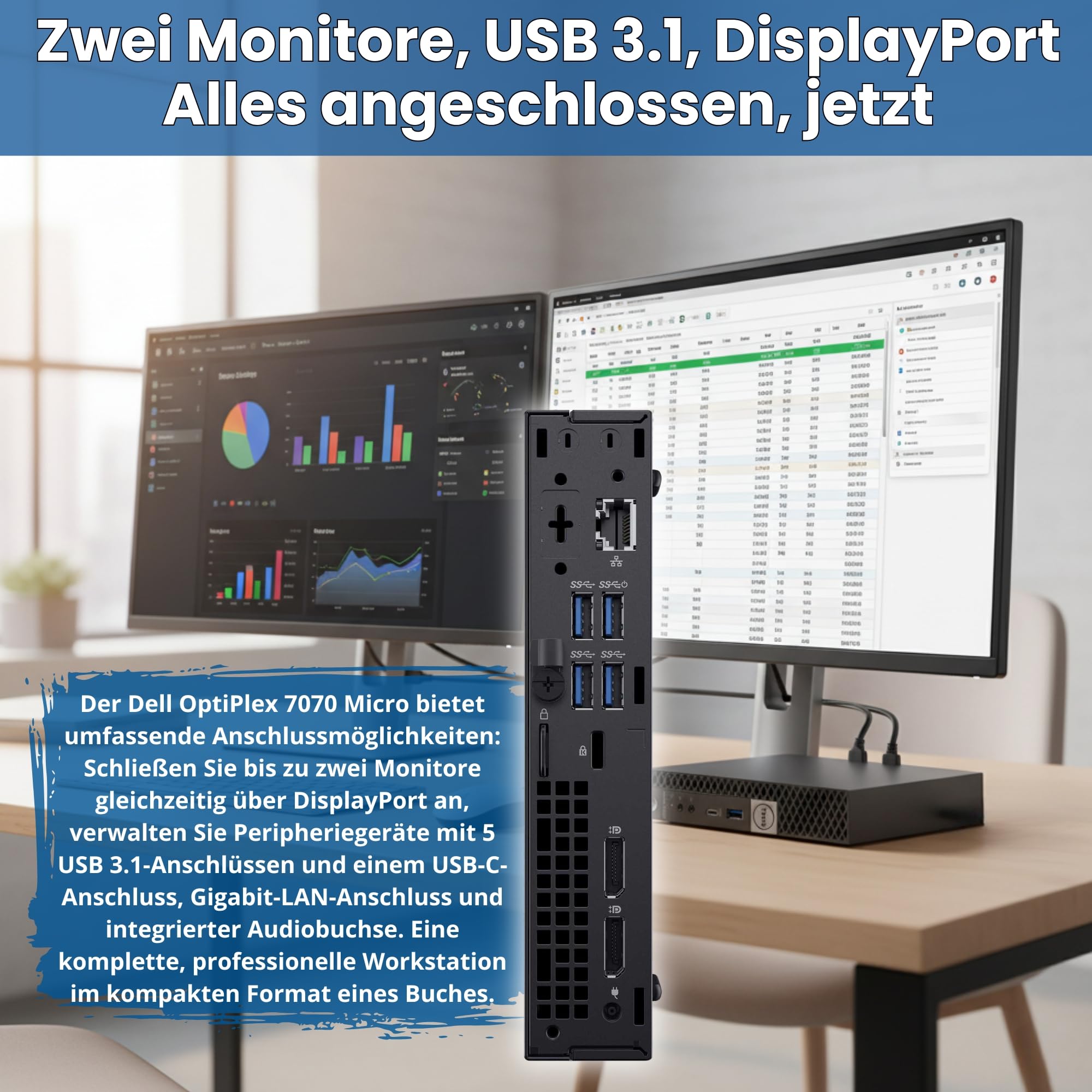 Dell OptiPlex 7070 Kompakter Mini-PC | Intel Core i9-9900, 8 Kerne, 16 Threads, Turbo bis 5,0 GHz | 16 GB DDR4 | 512 GB NVMe-SSD | DisplayPort, HDMI, 4X USB | Windows 11 Pro | Generalüberholt | 36 M