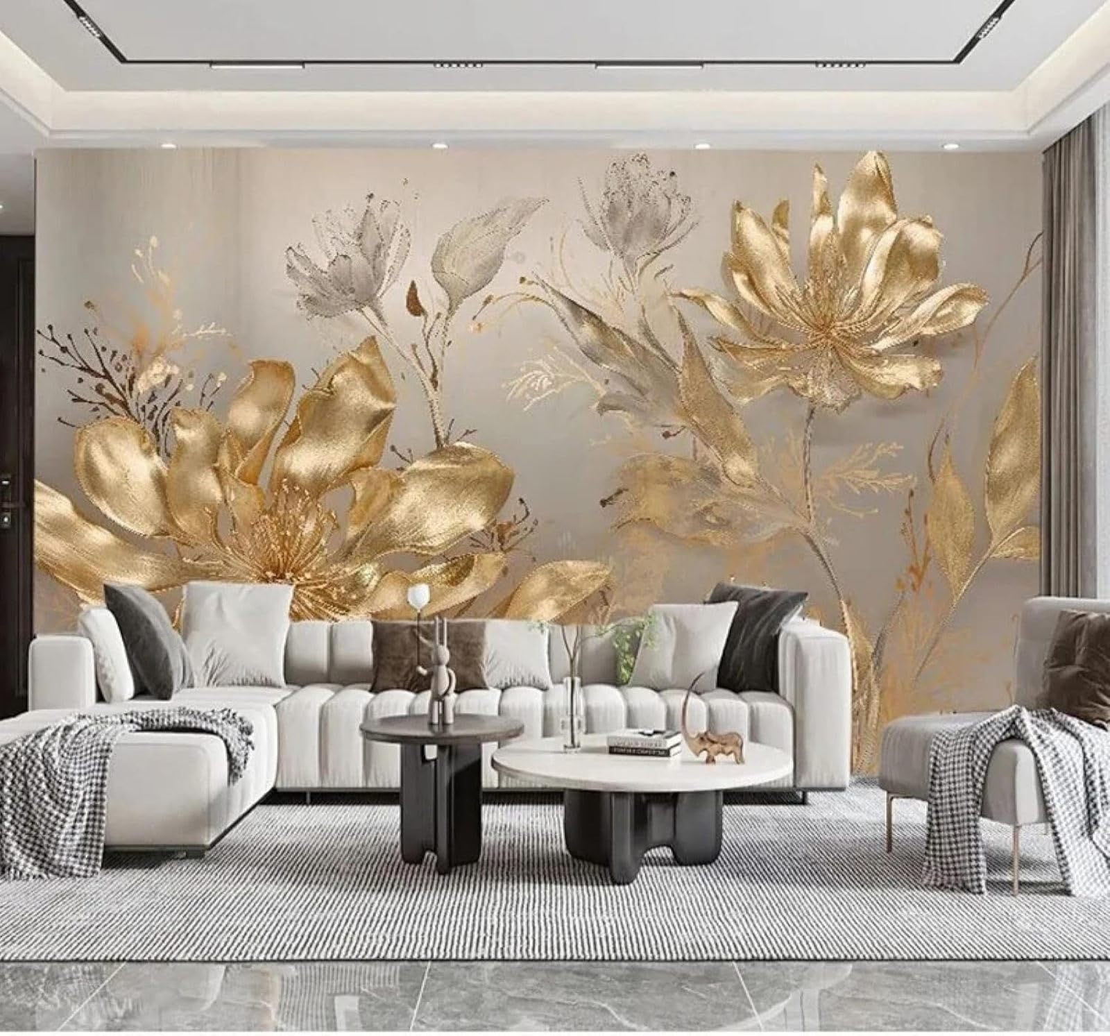XLMING Three Dimensional Luxurious Golden Flowers Plants Art 3D Wallpaper Luxury Home Dining Decor Paste Sofa Living Room The Wall for Bedroom Mural-300cm×210cm