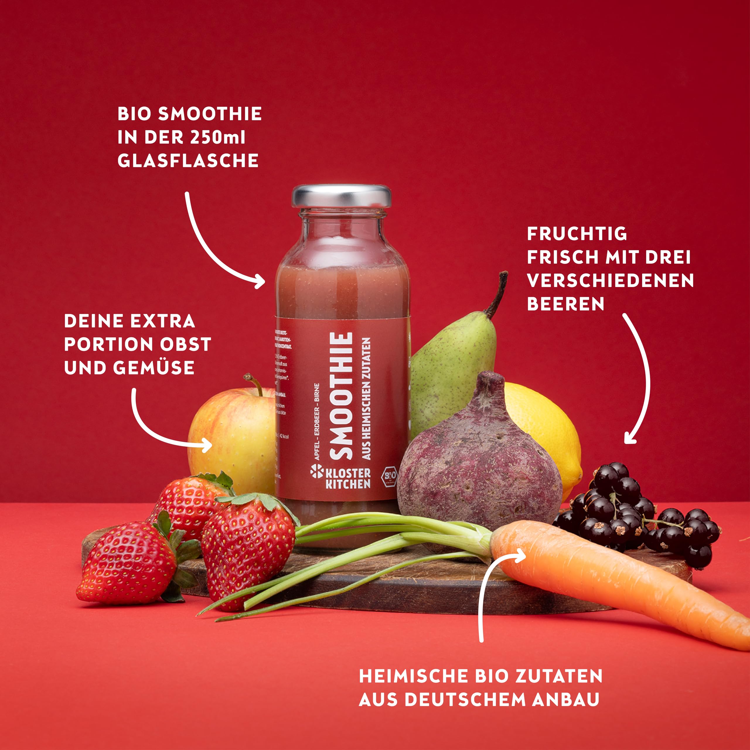 Kloster Kitchen Bio Smoothie Rot Apfel Birne Erdbeer 12x 250 ml I Superfood Frühstück vegan I To Go Glasflasche I Powerfood aus heimischen Zutaten