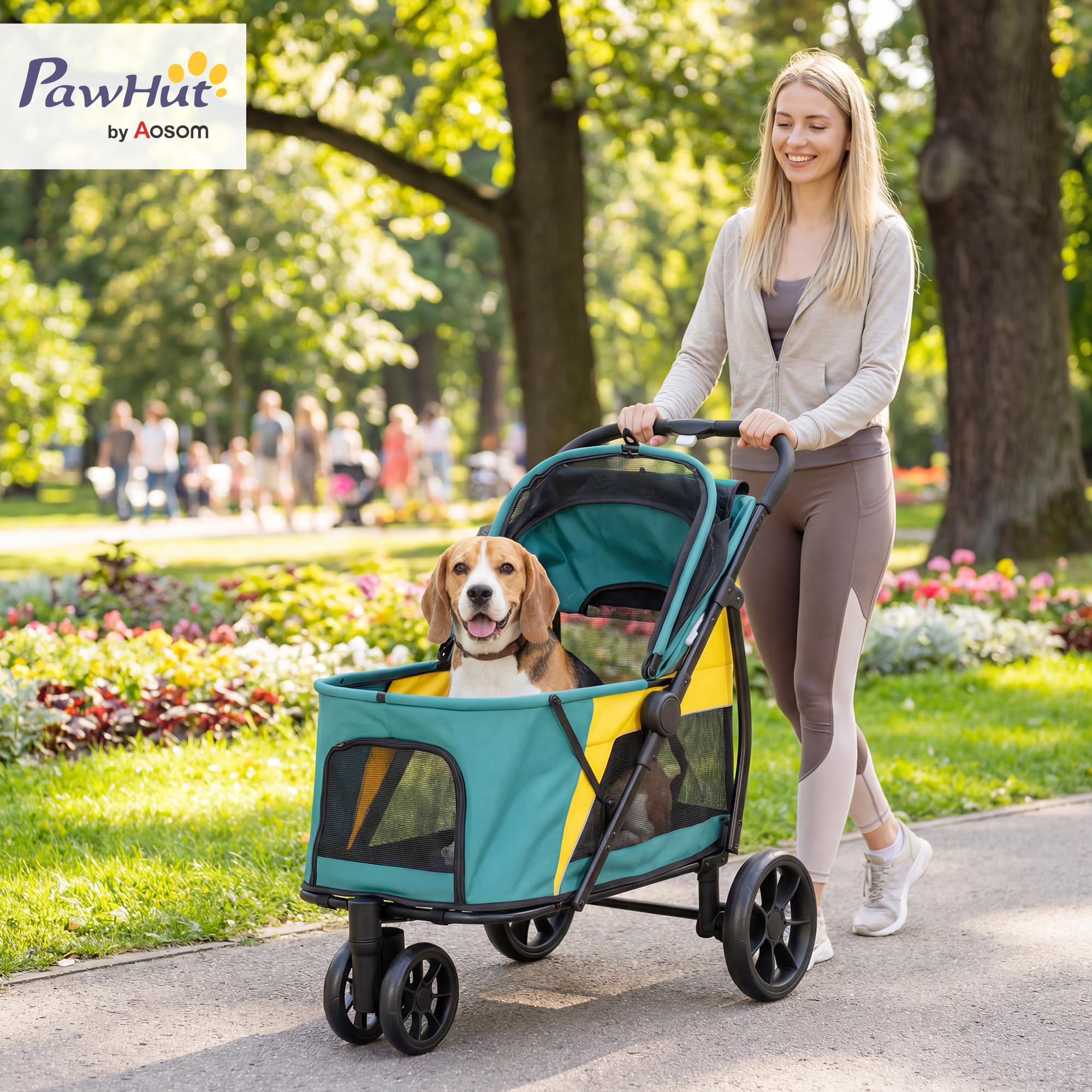 PawHut Hundewagen Hundebuggy Faltbar Katzenwagen bis 20 kg mit waschbarem Kissen, Netzfenstern, 3 Räder, Tür, Rückentasche, Haustierbuggy für kleine mittelgroße Hunde, Dunkelgrün