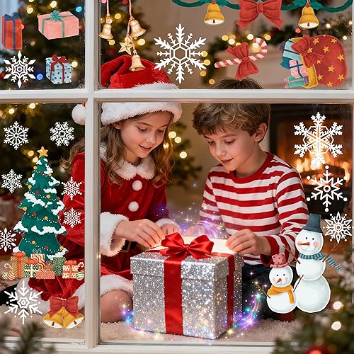 Miniatura 5 de Decoraciones de fiesta de Navidad  Calcomanías de copo de nieve para ventana de vidrio  Decoraciones de Navidad para interiores y exteriores