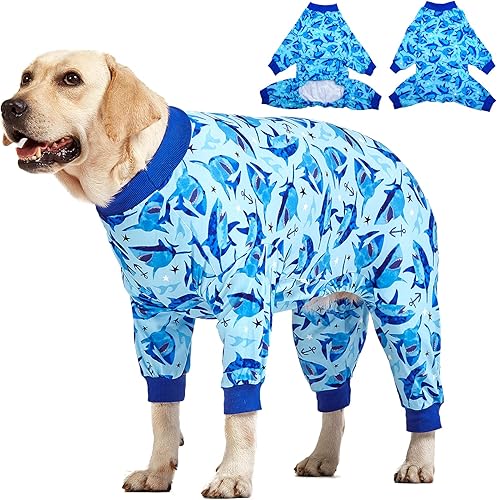 LovinPet Pijama para perros grandes pijama para perros grandes, mameluco ligero, estampado de acción de tiburón marino, ropa de perro, protección