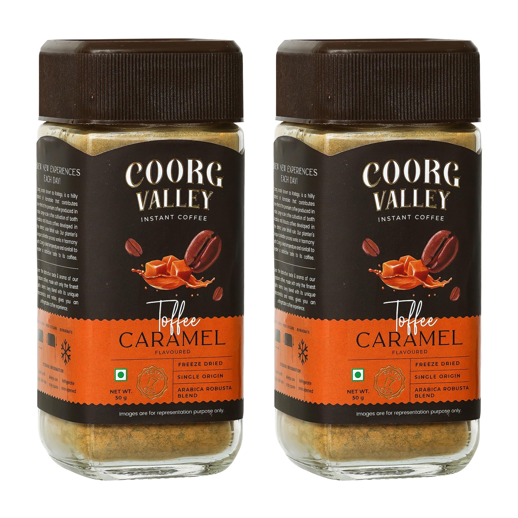 Coorg Valley Premium Classic Instant Coffee | 50g x 2 | 100% Coffee | Premium Blend of Robusta & Arabica | Freeze Dried | Make Café Style Hot & Cold Coffee at Home