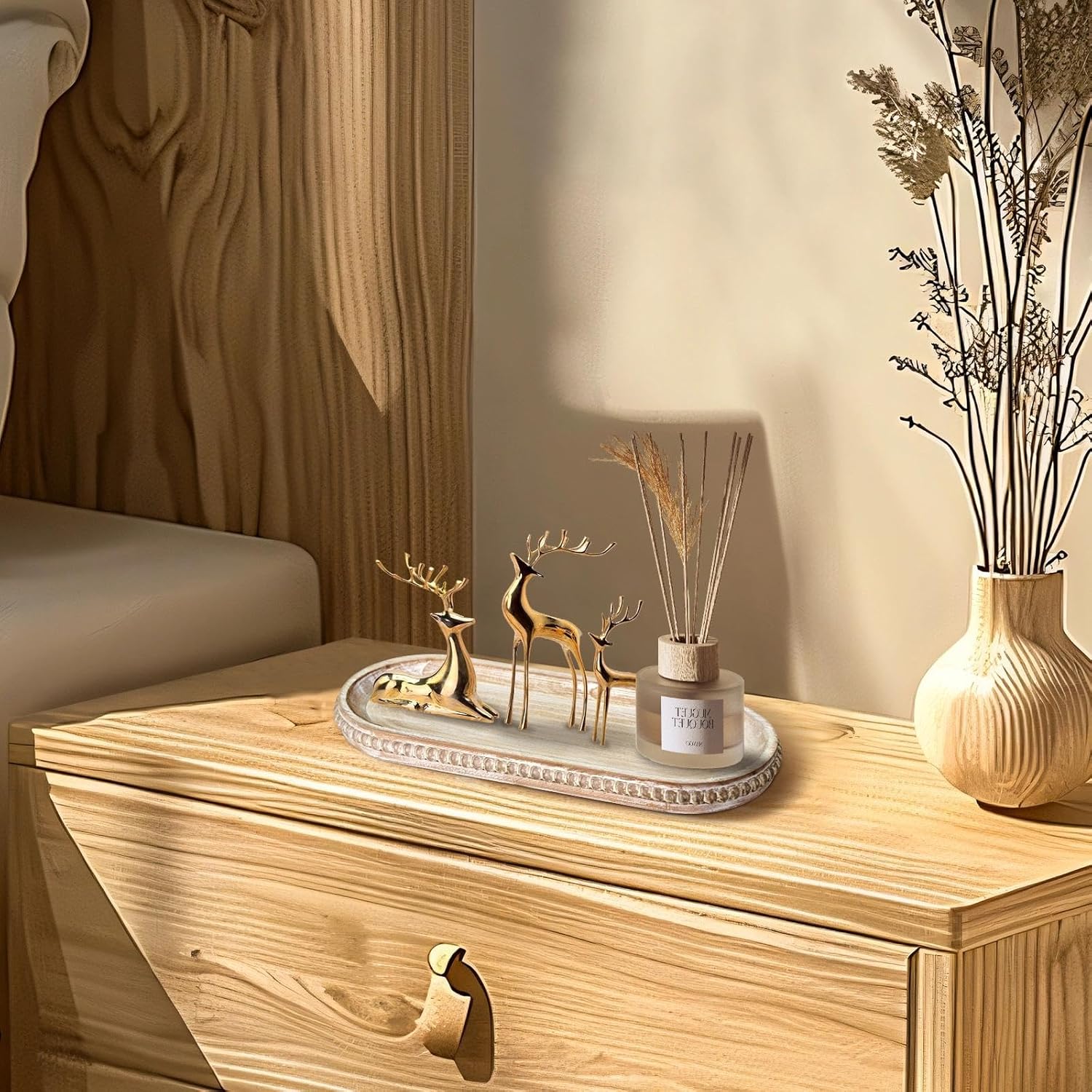 MAONAME Oval Long Narrow Wood Tray, Rustic Decorative Tray with Beaded, Wash White Farmhouse Vanity Trays, Toilet Tank Trays for Dresser, 12" x 4.7" - Image 7