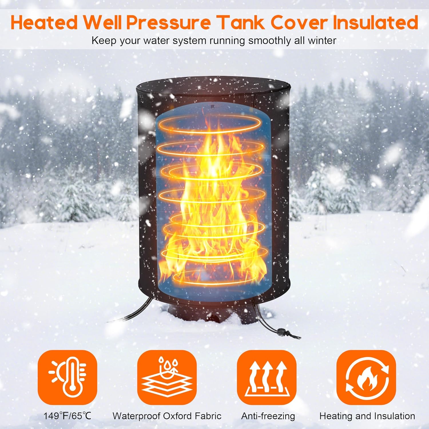 Well Pressure Tank Heater Cover with Thermostat, Outdoor Insulated Heating Jacket with Temperature Controller and LED Display, Freeze Protection for Winter Water System (24" Diameter X 34" H)