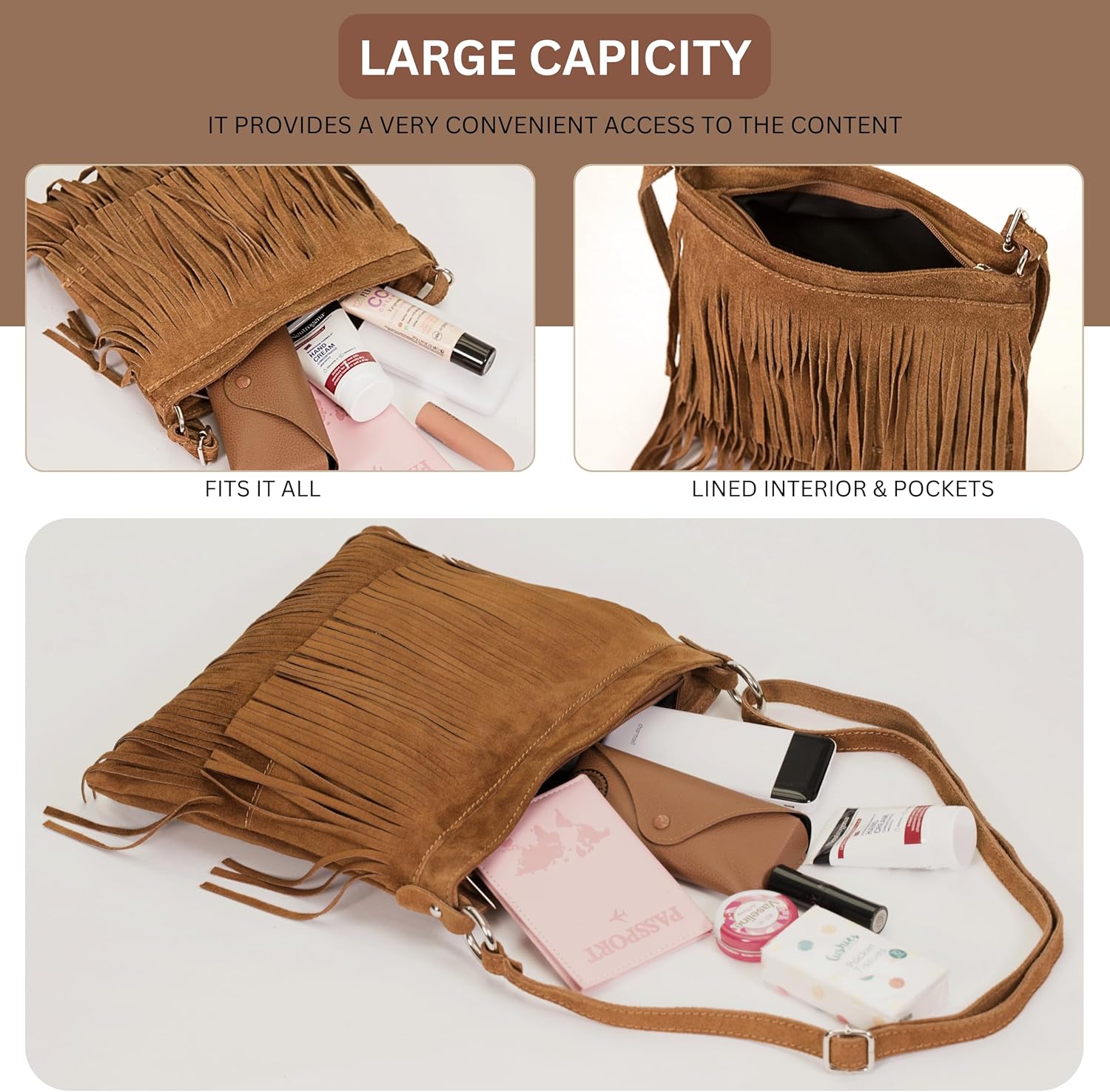 LiaTalia Womens Fringe Handbag - Real Italian Suede Leather - Tassle Effect Shoulder Bag in Medium Size - Ashley