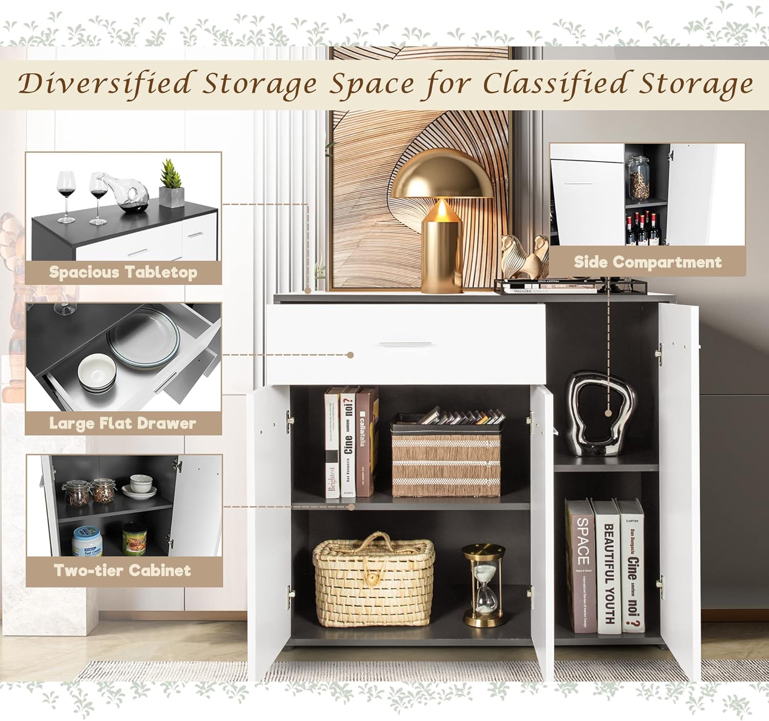 LOKO Buffet Cabinet with Storage, Multifunctional Kitchen Storage Cabinet with Adjustable Shelf & Anti-toppling Devices, Sideboard Side Table in Modern Style, 35 x 16 x 31.5 inches