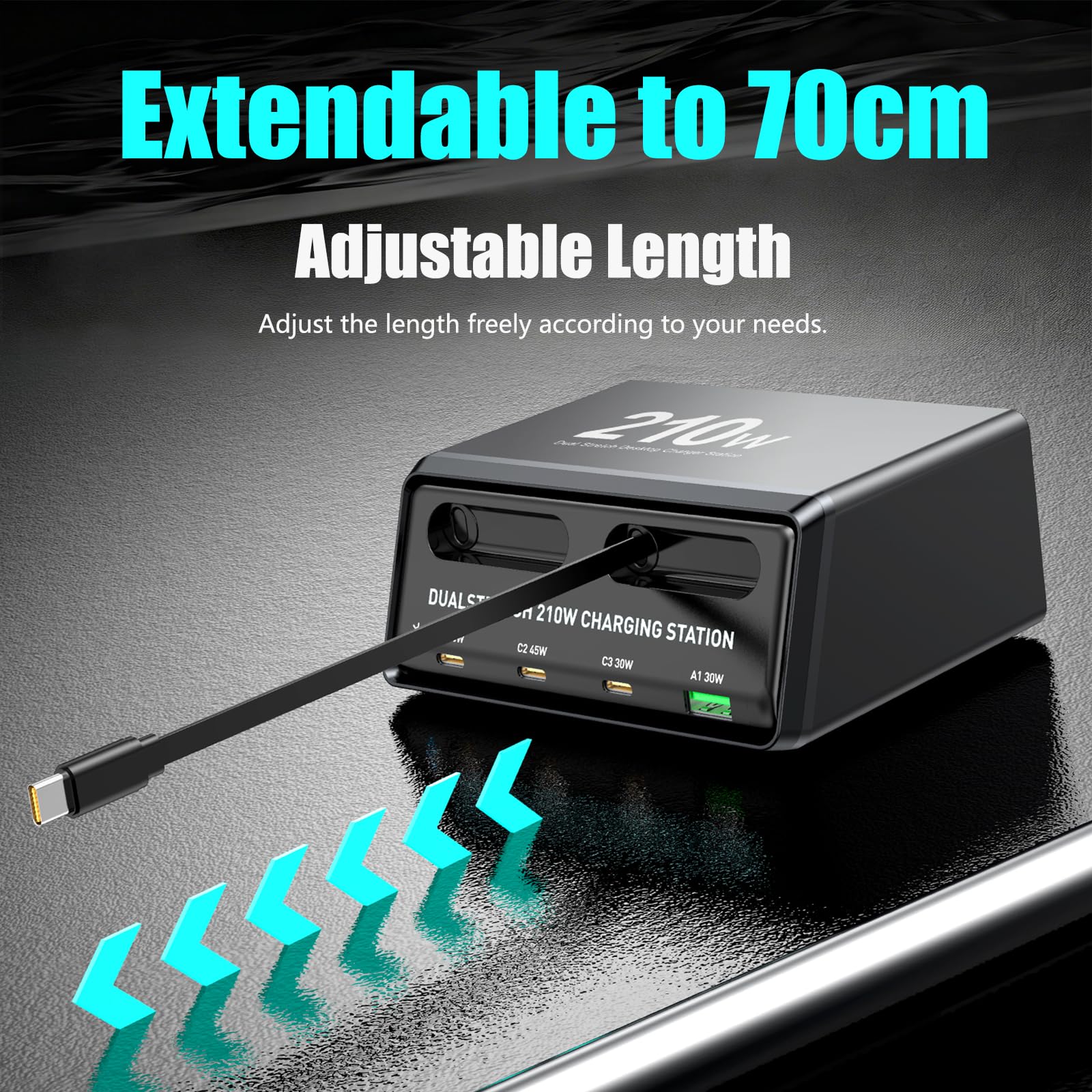210W GaN Charger with 2 Retractable Cables, 6-Port USB C Charging Station (5C+1A), Dual 45W Ports for MacBook & Laptop, Full-Protocol Fast Charging Home Office Travel Charger for iPhone, Samsung, iPad — view 2