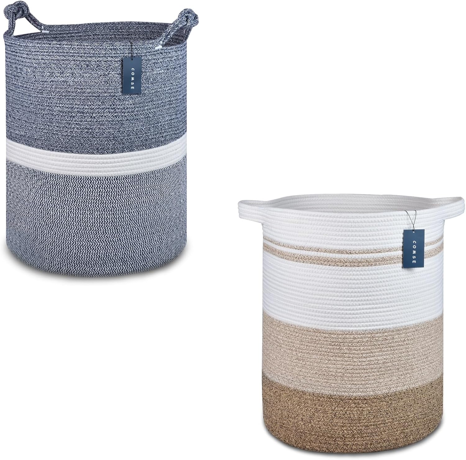COMSE 2 Pack Tall Laundry Baskets, Tall Blanket Baskets, Laundry Hampers, Cotton Rope Baskets, Toy Baskets, Clothes Baskets, 15.7" x 21.7"