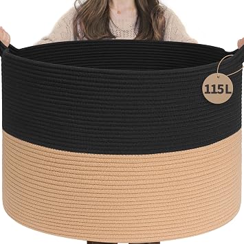 INDRESSME 115L Extra Large Woven Rope Blanket Basket Living Room BlackCamel