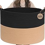 INDRESSME 115L Extra Large Cotton Rope Blanket Basket for Nursery, Boho Decor Baby Laundry Baskets for Kids Toy Organizer Storage Bin for Dirty Clothes Pillows Towel, Black & Camel