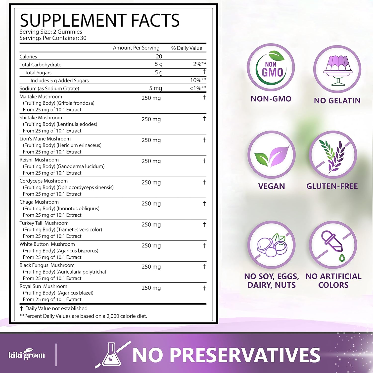 KIKI Green Mushroom Gummies Nootropic Adaptogenic Supplement - 2,500 mg – Lion's Mane & 9 More Mushrooms 10:1 Extracts Fruiting Body – Raspberry Flavor Non-GMO Gluten and Gelatin Free – Vegan : Health & Household