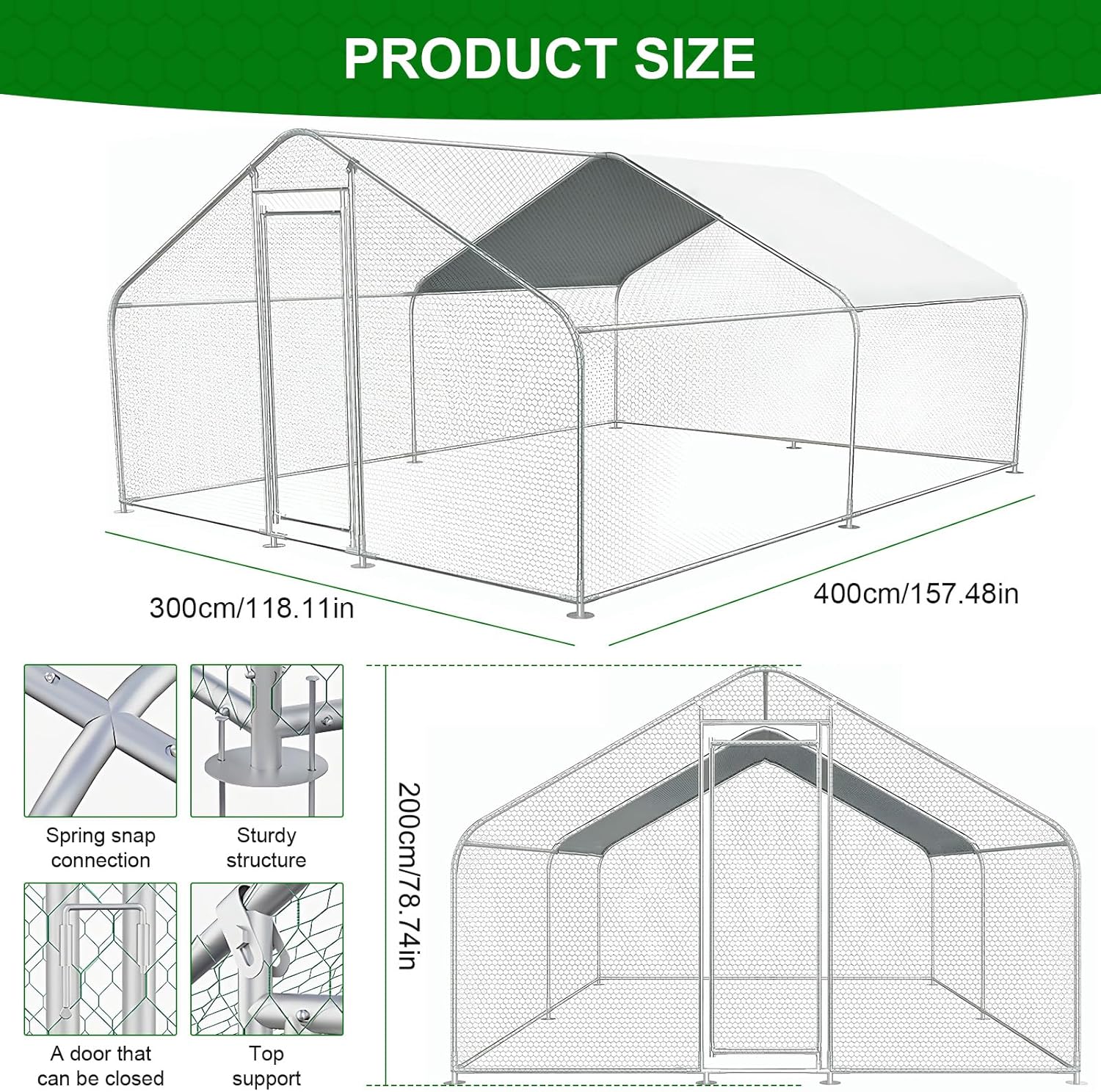 Generic Large Metal Chicken Coop with Run 9.84x13.12x6.56FT Walk-in Chicken Runs with Cover Spire Roof Hen House for Outdoor and Backyard Farm Duck Rabbit Cage Poultry Pen