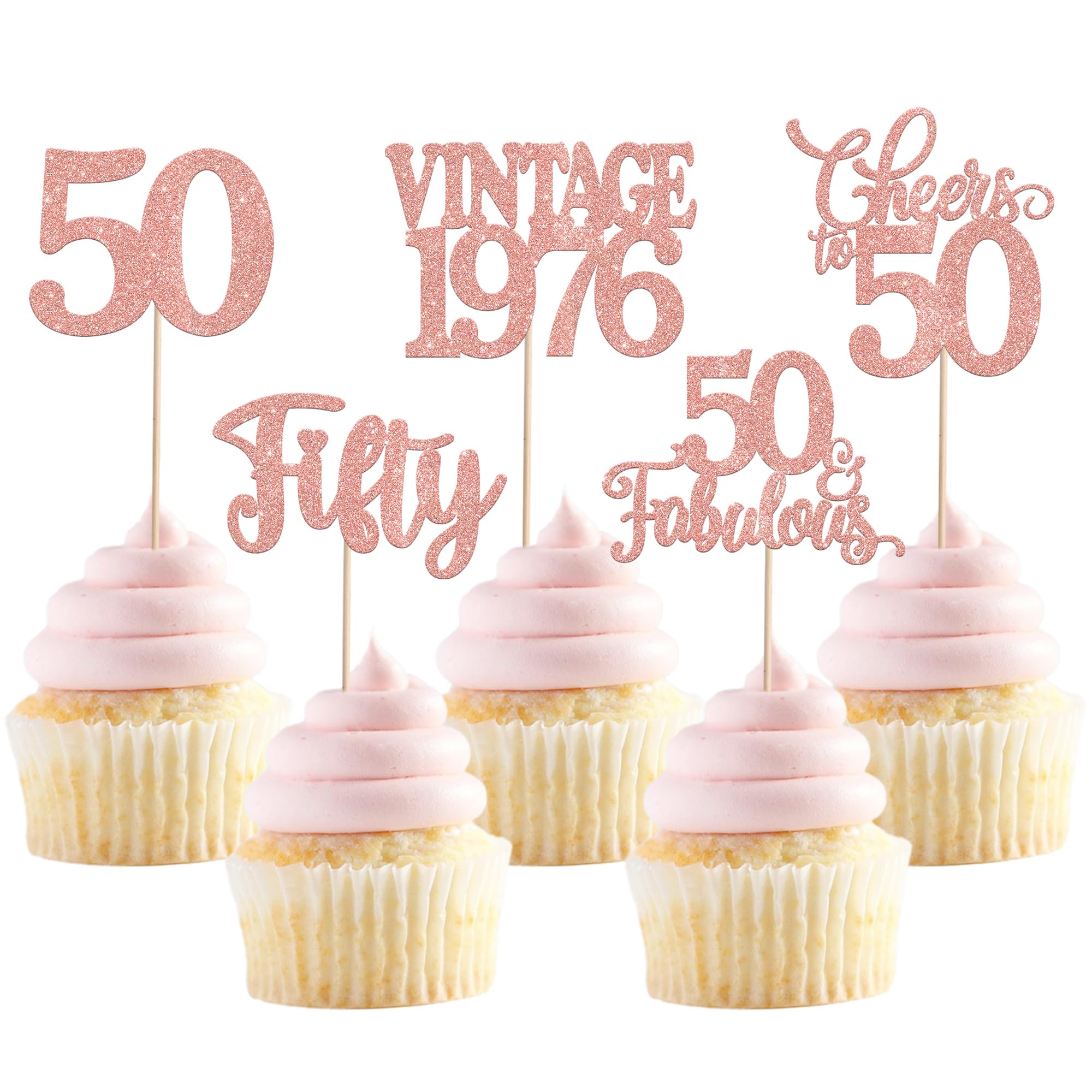 SYKYCTCY 30 Pack 50th Birthday Cupcake Toppers Glitter Hello 50 Cupcake Picks Cheers to 50 Vintage 1976 Fifty Cake Decorations for Happy 50th Birthday Wedding Anniversary Party Supplies