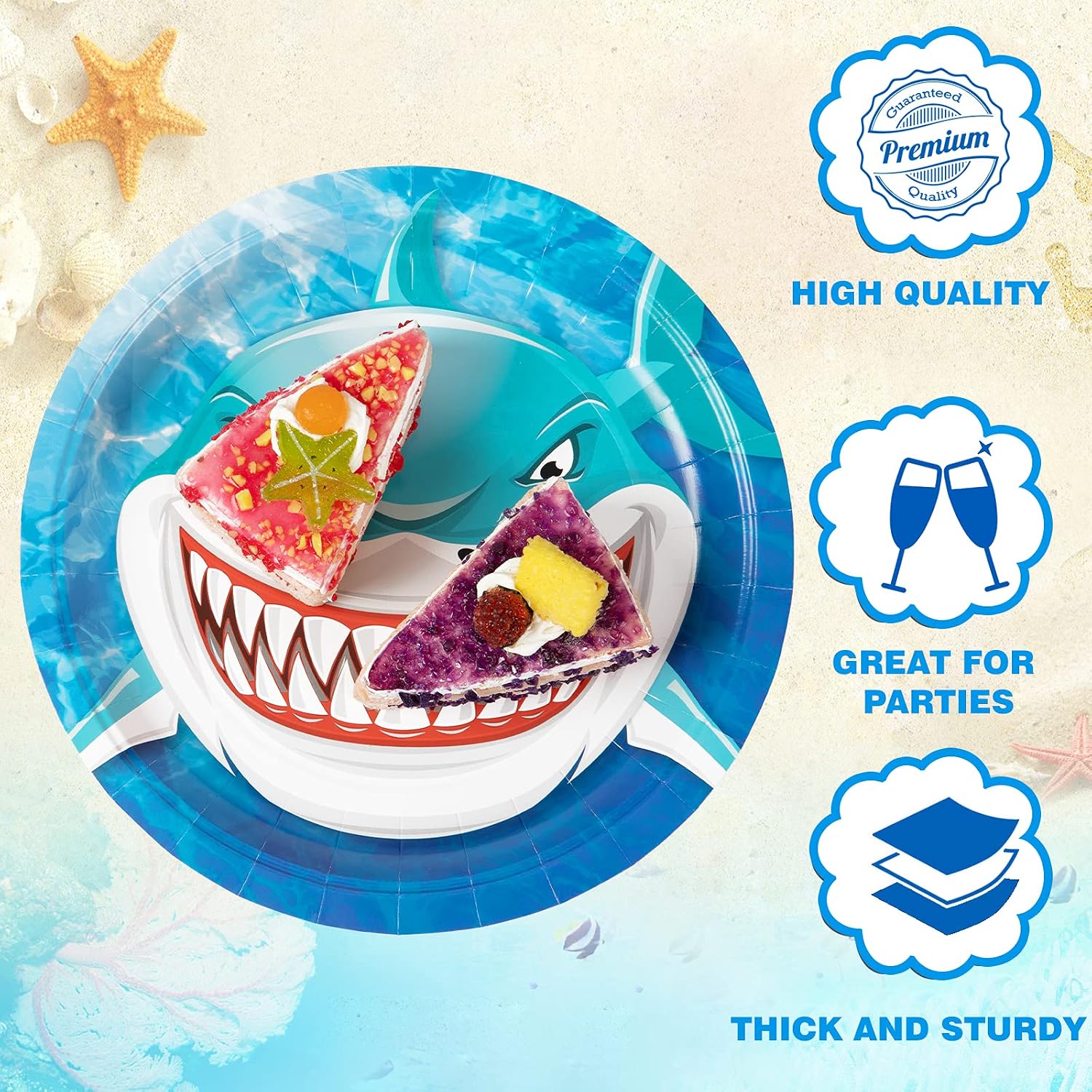 DECORLIFE 80 Count Shark Plates, 9 inch Round Pool Party Plates for Shark Week, Birthday Party Supplies