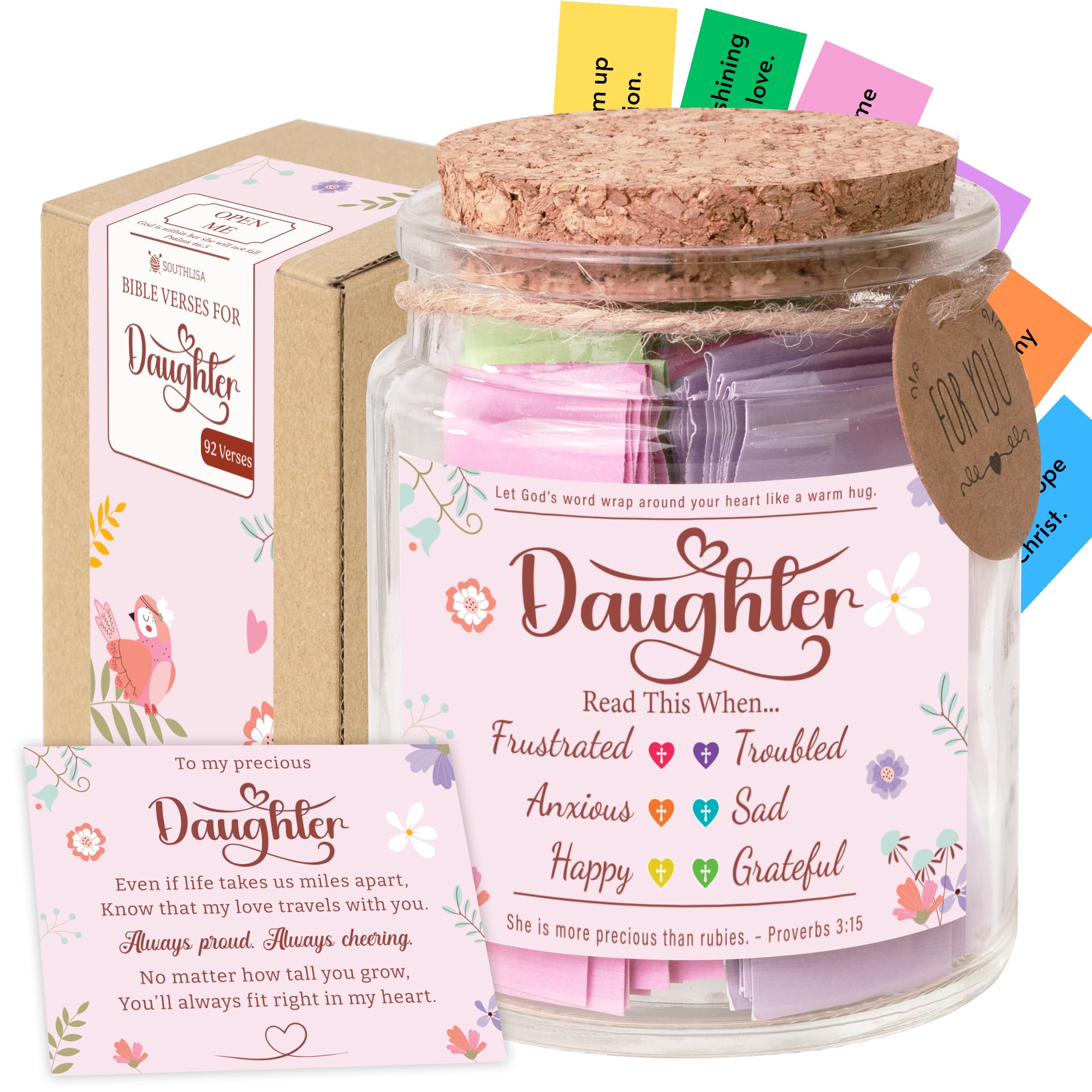 Bible Verses Jar for Daughter – Christian Gifts for Daughter, 92 Color-Coded Bible Verses “Read This When” | Valentine Day Gifts