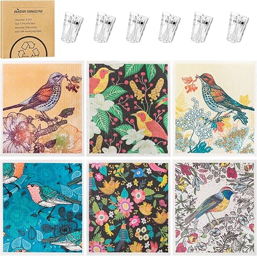 Paquete de 6 paños de cocina suecos para cocina, toallas de papel reutilizables suecos con clips, paño absorbente sin olor para limpiar la cocina