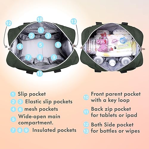 Miniatura 11 de Dikaslon Bolsa de pañales con funda para chupete y cambiador, bolsa de pañales de viaje grande para mamá y papá, bolsa de bebé multifunción