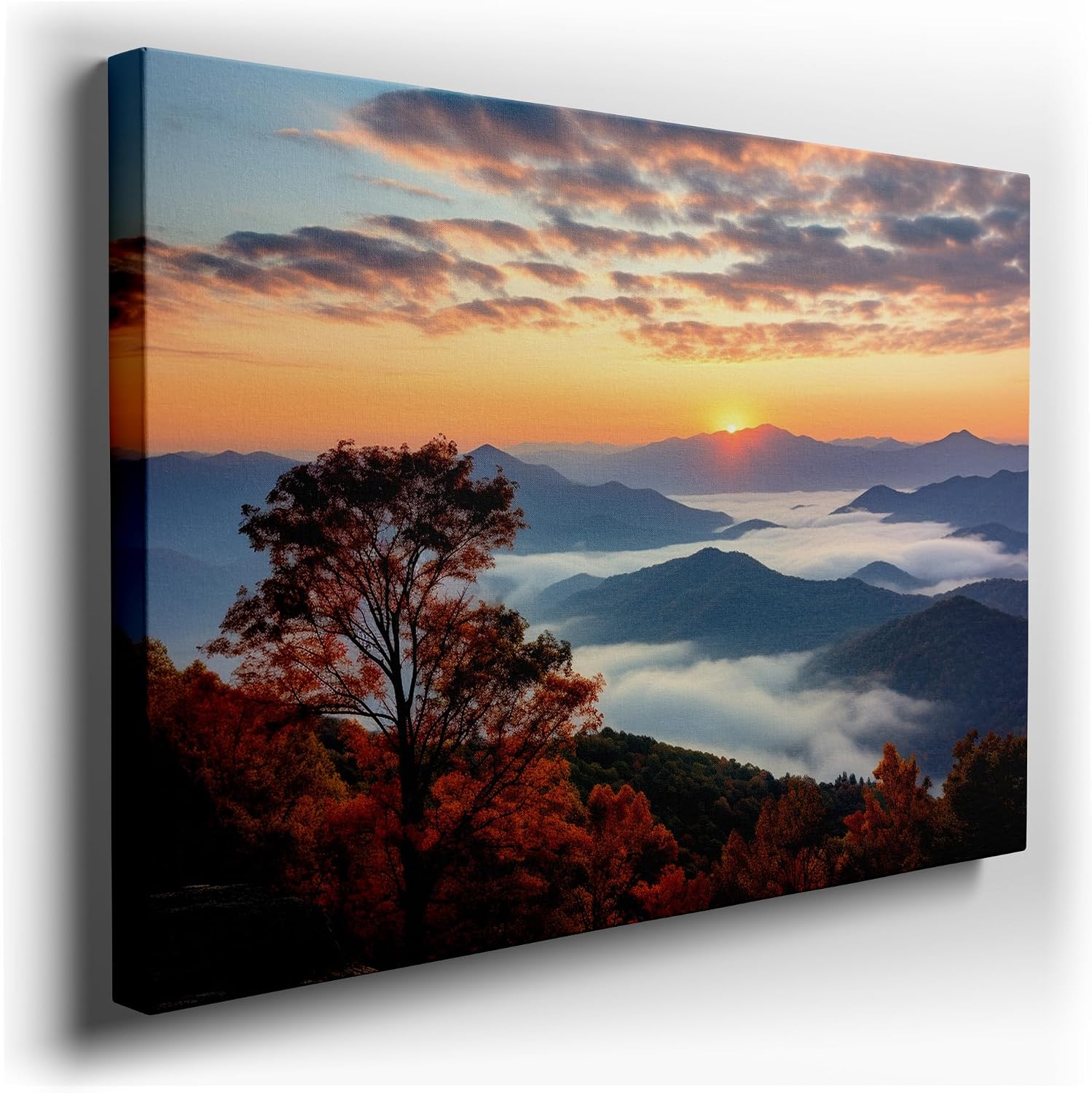 Canvas for Living room. Dawn's Embrace: A Lone Tree Witnesses the Mountain Sunrise Spectacle, 27 x 18 inch Canvas Wall Art - Surrealistic Visions - Modern Home Decor - 69x46 cm (27x18 inch)