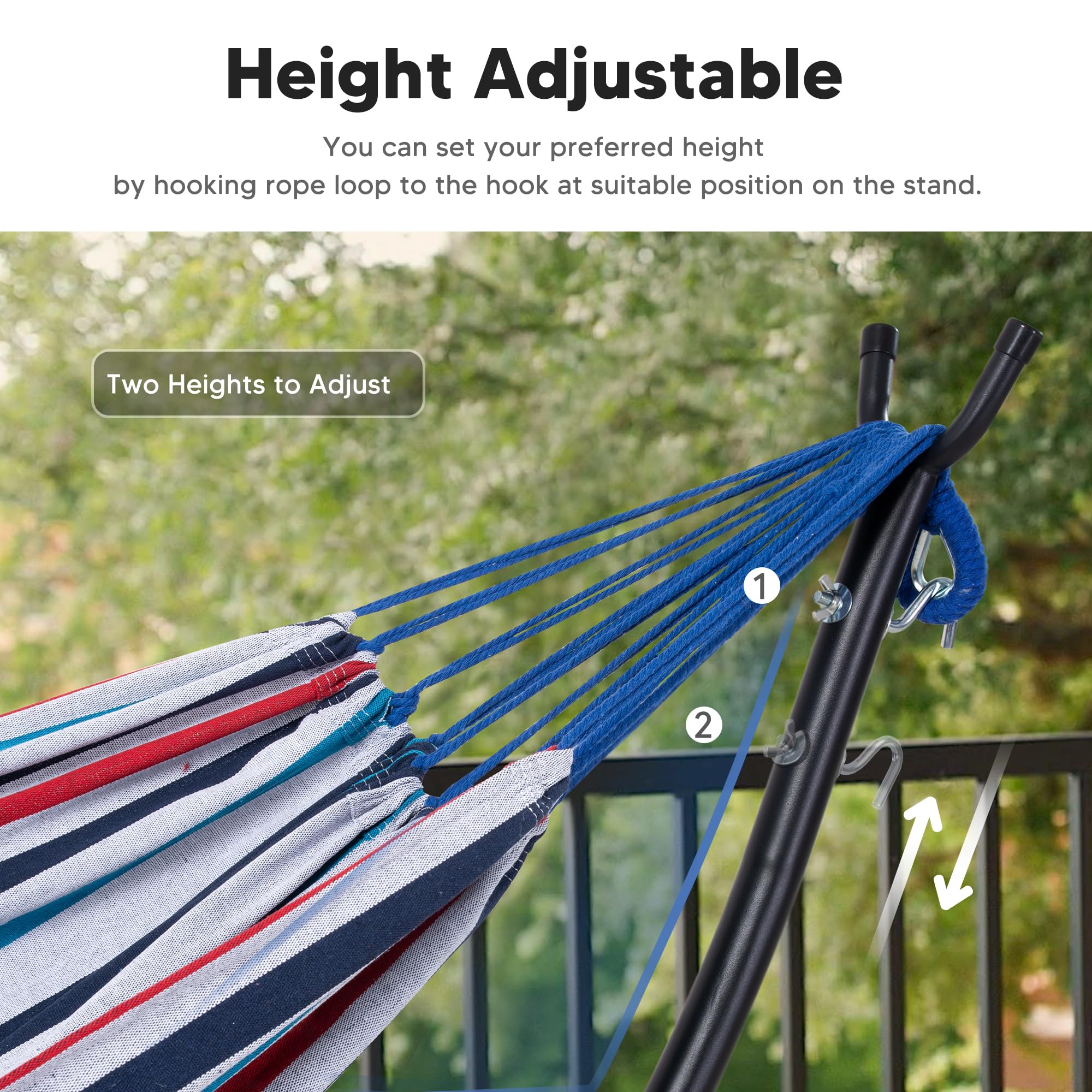 SUNCREAT Hängematten für den Außenbereich mit Ständer, Veranda-Hängematte und Ständer, 215,5 kg Kapazität, blaue & rote Streifen Garten