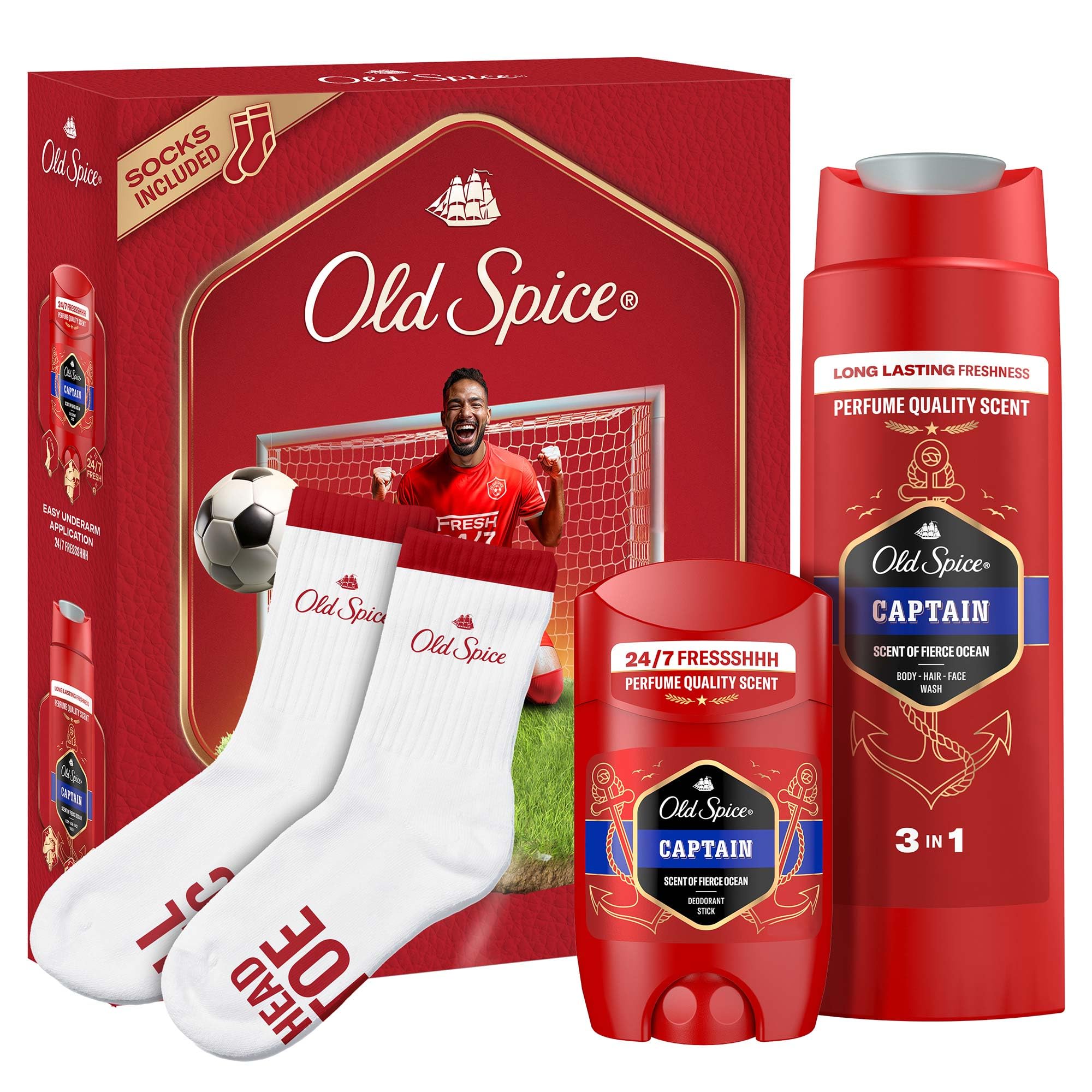 Old Spice Footballer Hediye Seti: Captain Deodorant Stick 50 ml, DuşJeli 250 ml ve Çorap