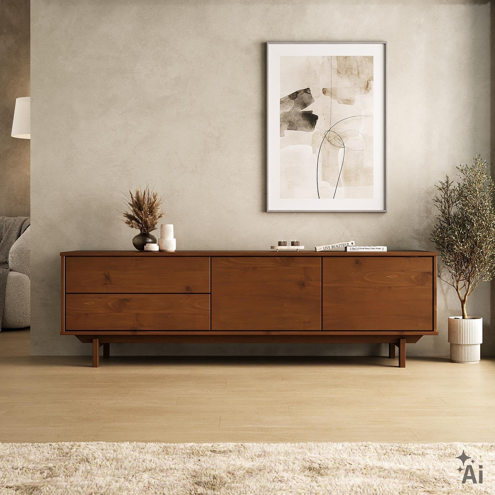 Meuble TV LITA 170 cm, Bois massif, pour TV jusqu'à 60 pouces - Châtaignier