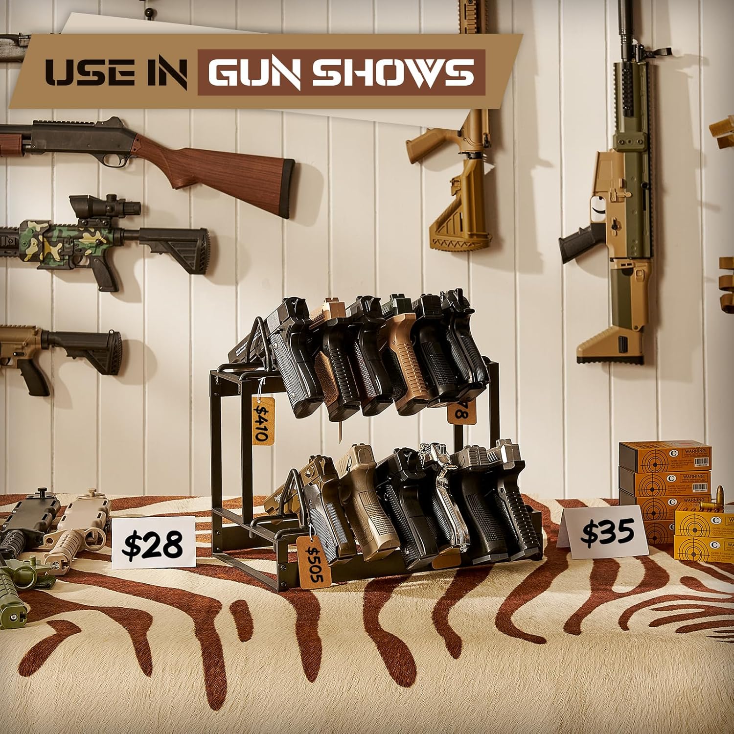 Pistol Rack, 2Tier Portable Pistol Rack for Gun, Hold Up 12 Handguns Pistol Stand for Gun Storage, Pistol Holder for Gun Heavy Duty Steel Gun Rack for Shot Exhibitior Retail Shop Home Office