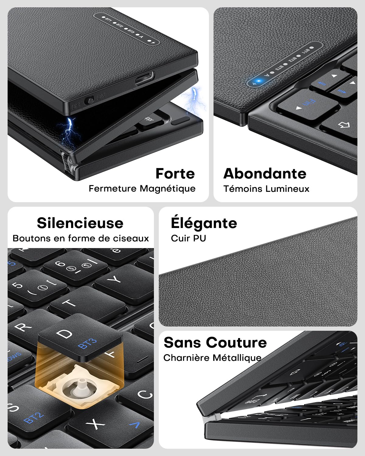 OMOTON Kabellose Tastatur, AZERTY, faltbar, Bluetooth, mit Touchpad, Schwarz | Multi-Geräte, 3 Bluetooth-Geräte, leise Mini-Tastatur, kompatibel mit Android Windows iOS Telefon Tablet iPad