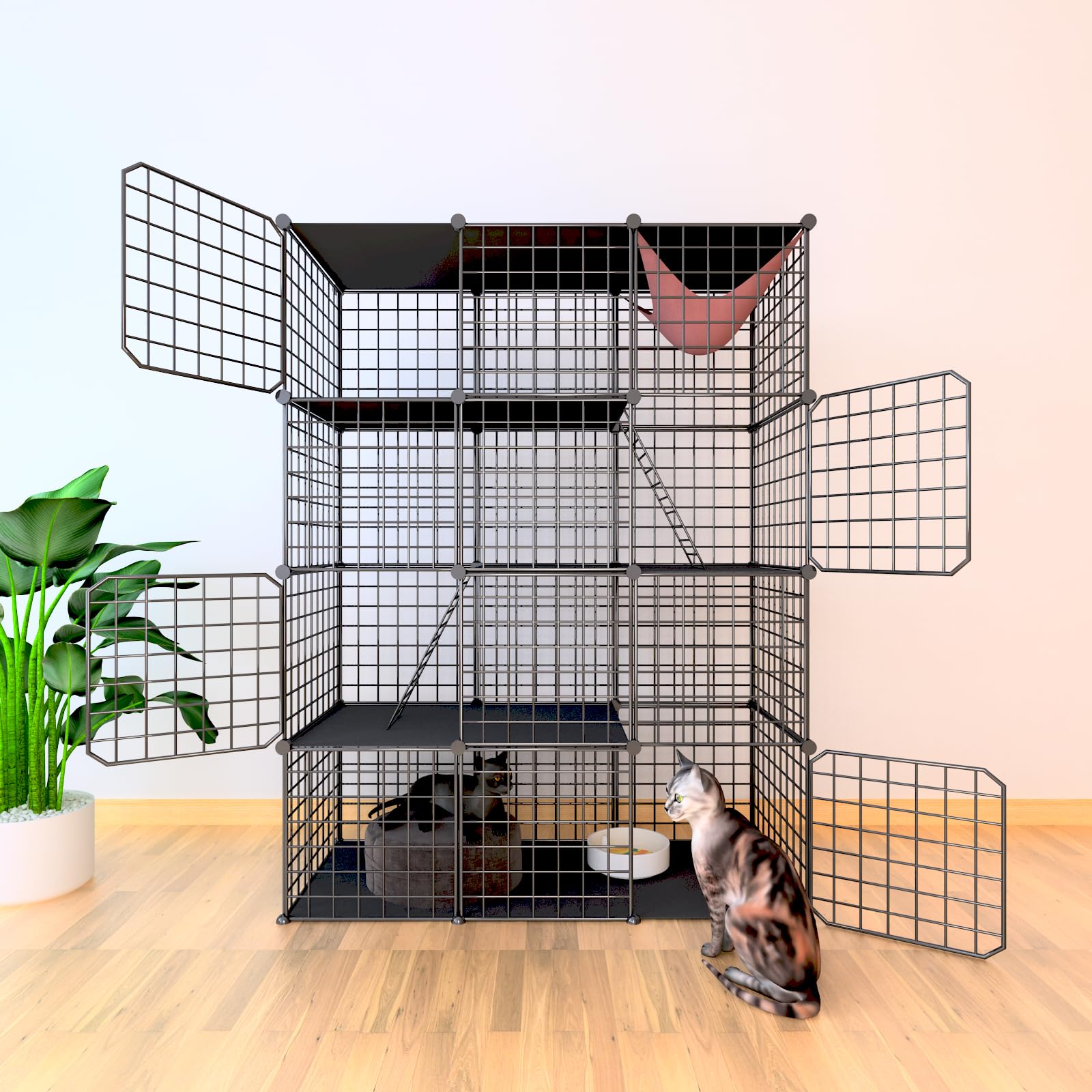 cat cages indoor enclosure with plastic platforms, cat playpen catio detachable metal wire kennels cats crate large exercise place ideal for 1-3 cats